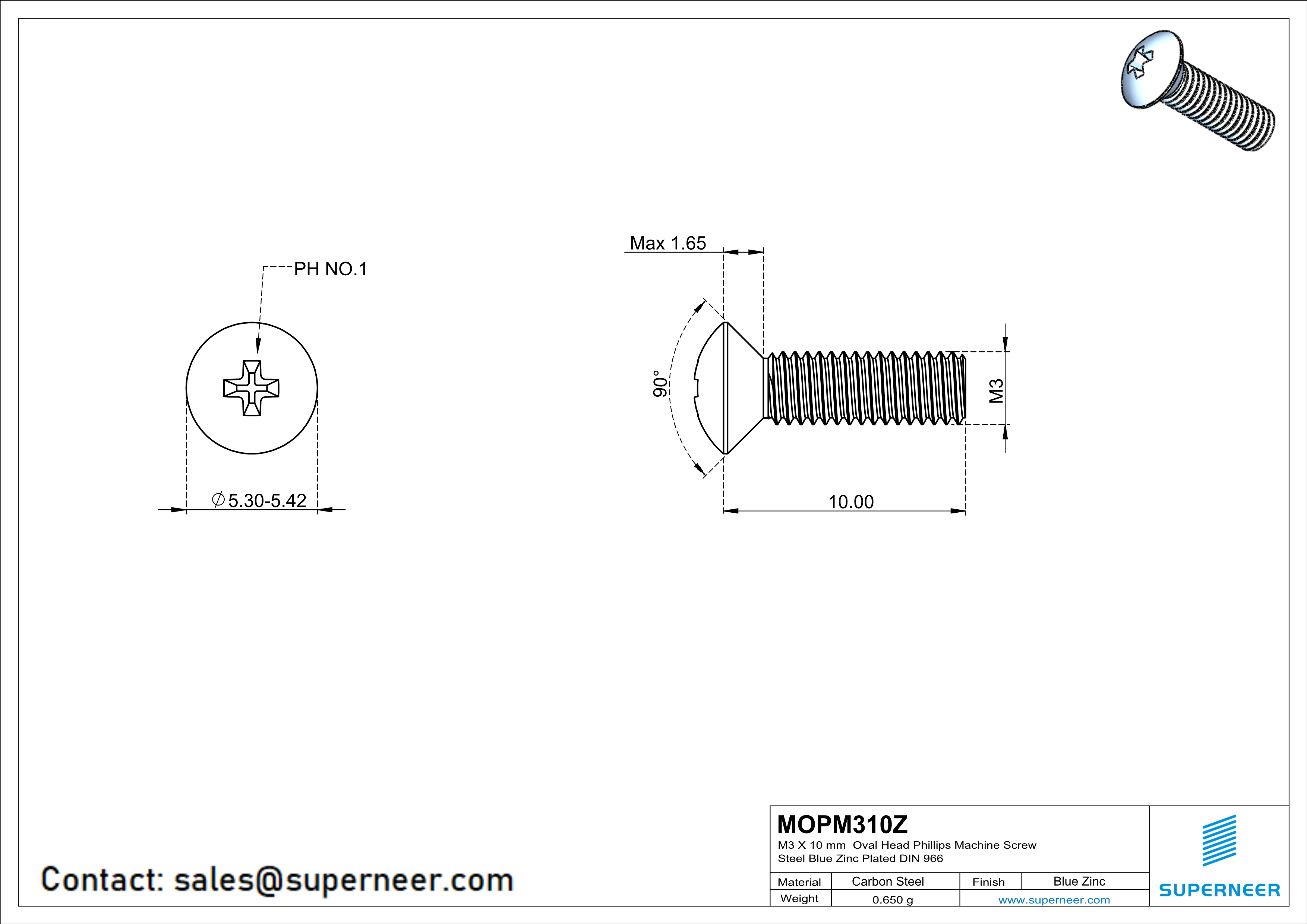 M3 x 10 mm Oval Head Phillips Machine Screw Steel Blue Zinc Plated DIN 966