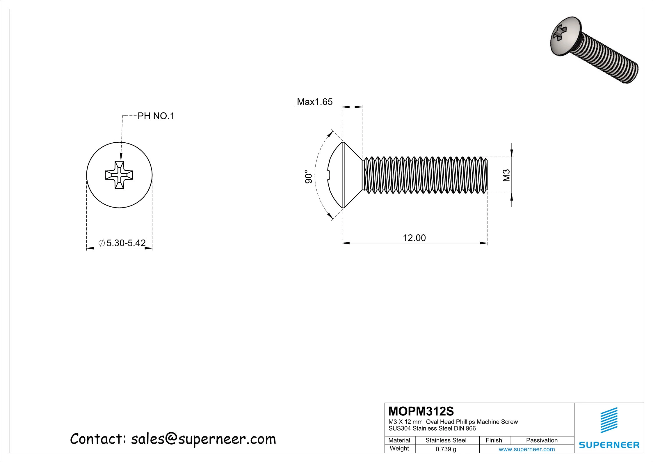 M3 x 12 mm  Oval Head Phillips Machine Screw SUS304 Stainless Steel Inox DIN 966