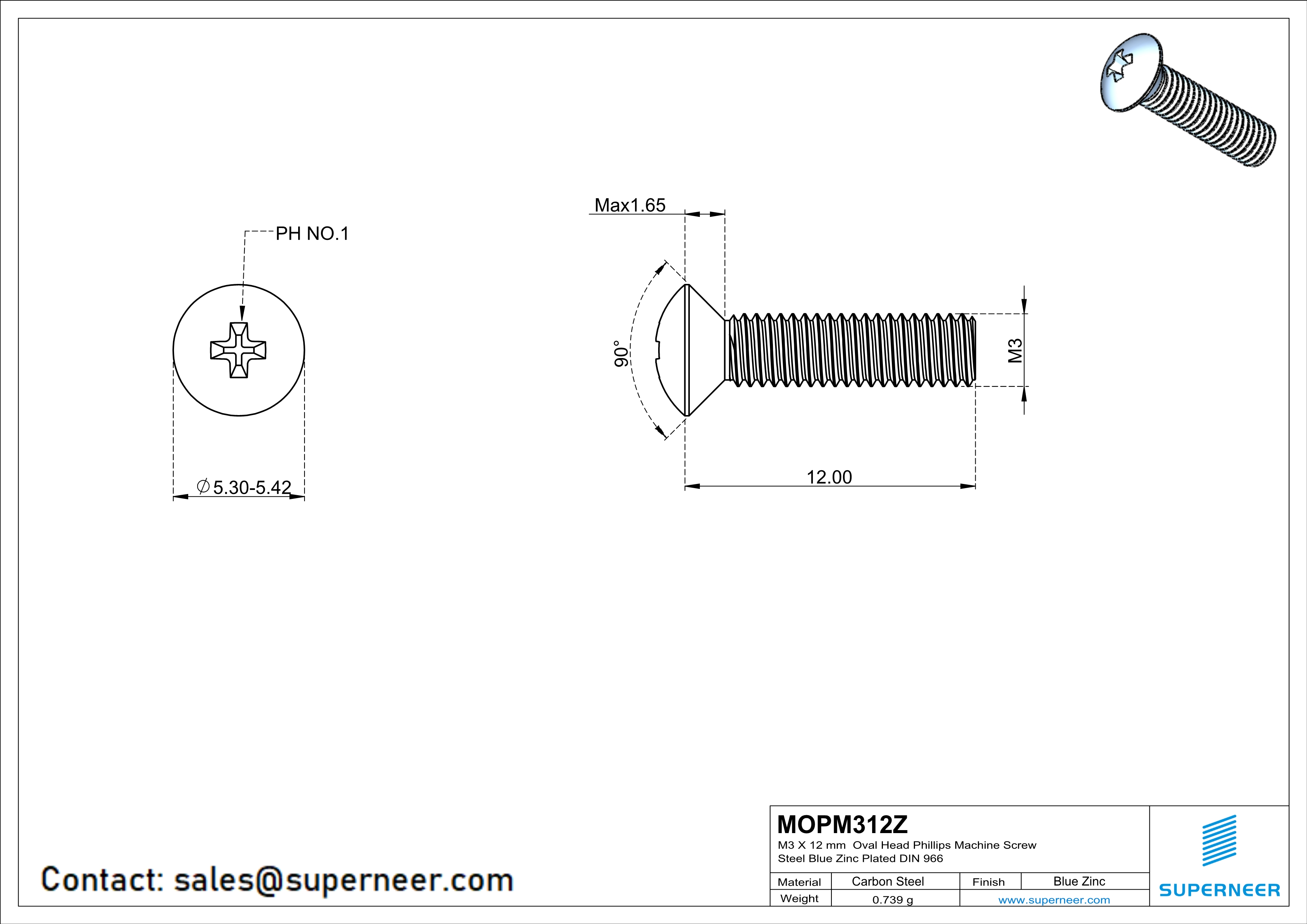 M3 x 12 mm Oval Head Phillips Machine Screw Steel Blue Zinc Plated DIN 966