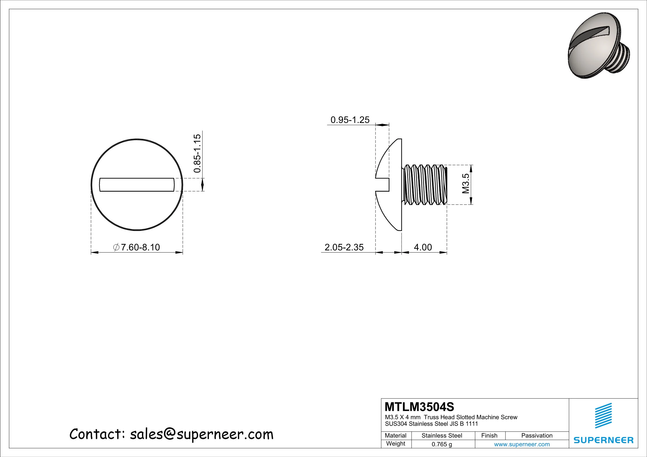 M3.5 x 4 mm  Oval Head Phillips Machine Screw SUS304 Stainless Steel Inox DIN 966