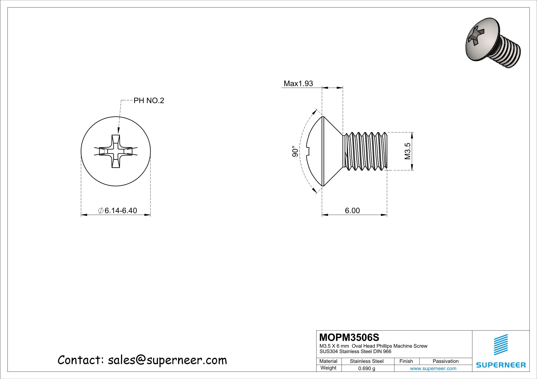 M3.5 x 6 mm  Oval Head Phillips Machine Screw SUS304 Stainless Steel Inox DIN 966