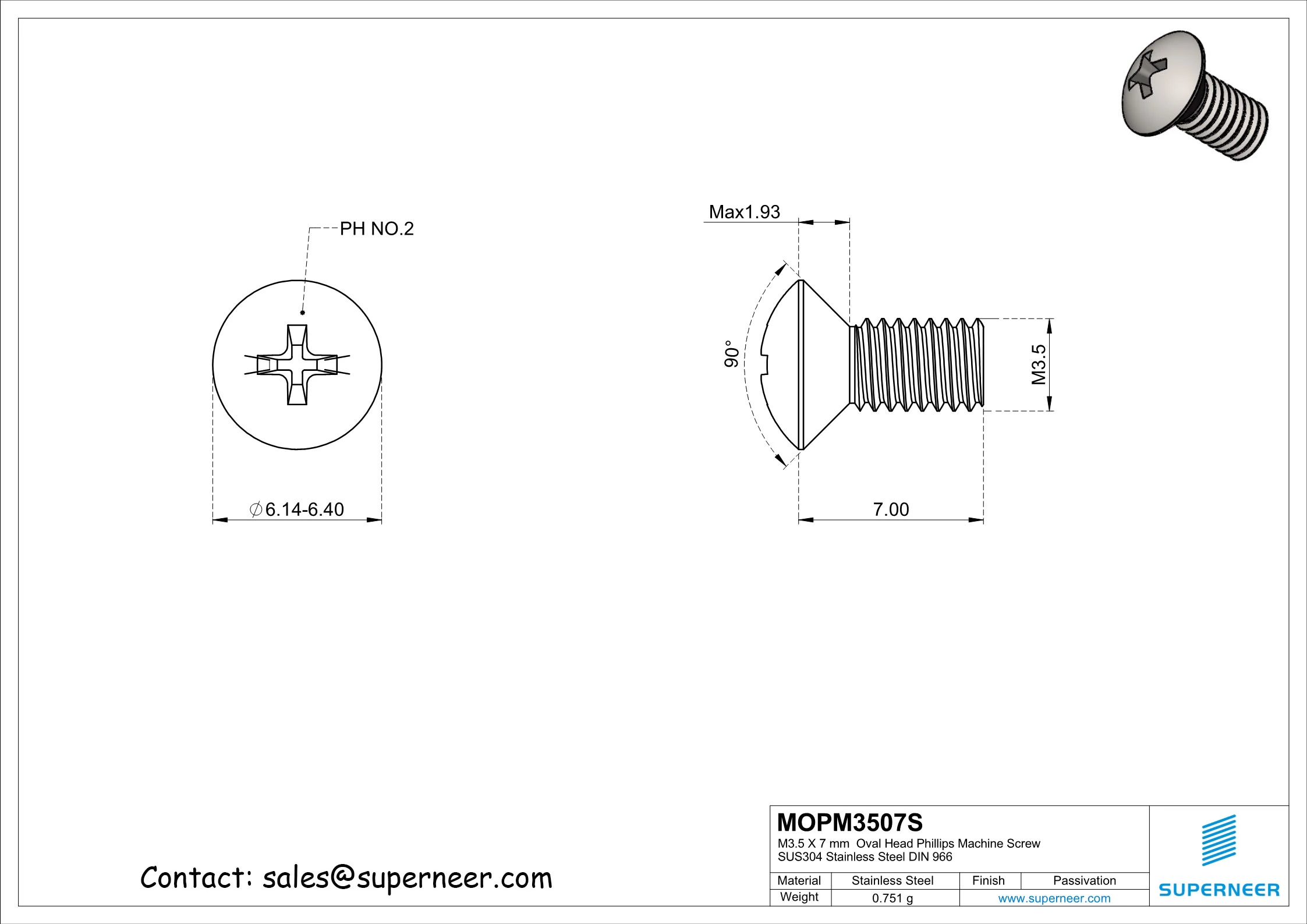 M3.5 x 7 mm  Oval Head Phillips Machine Screw SUS304 Stainless Steel Inox DIN 966