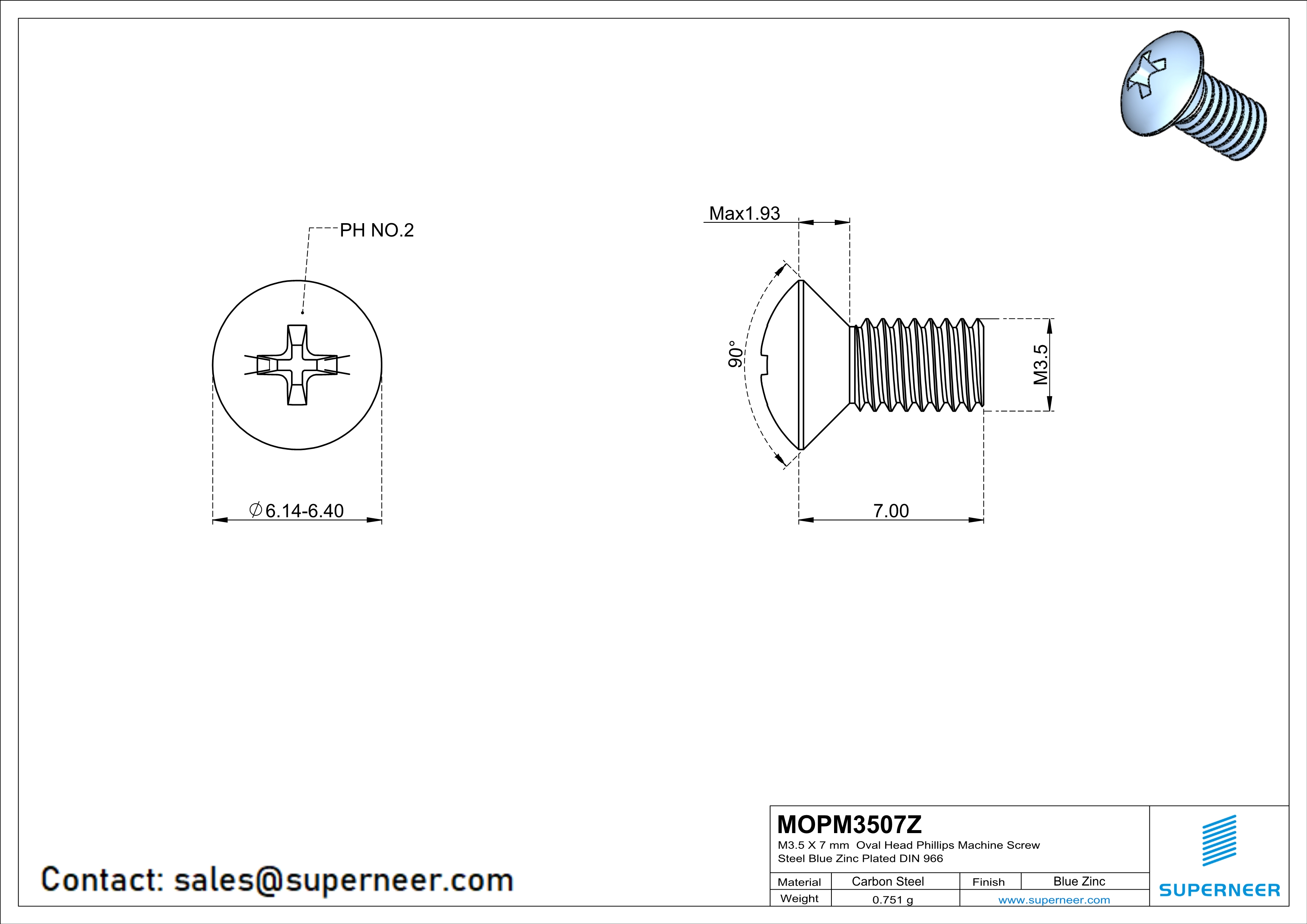 M3.5 x 7 mm Oval Head Phillips Machine Screw Steel Blue Zinc Plated DIN 966