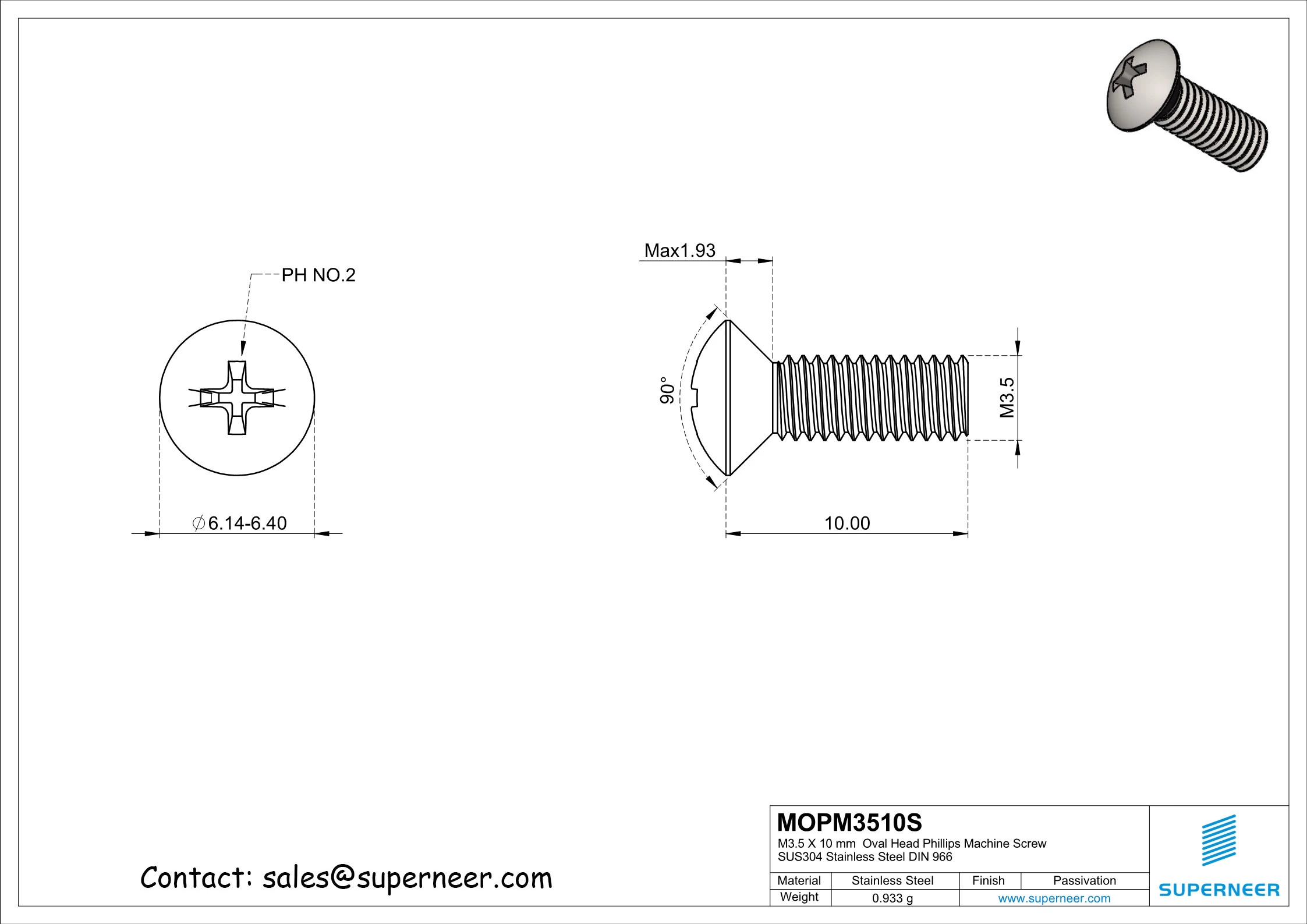 M3.5 x 10 mm  Oval Head Phillips Machine Screw SUS304 Stainless Steel Inox DIN 966