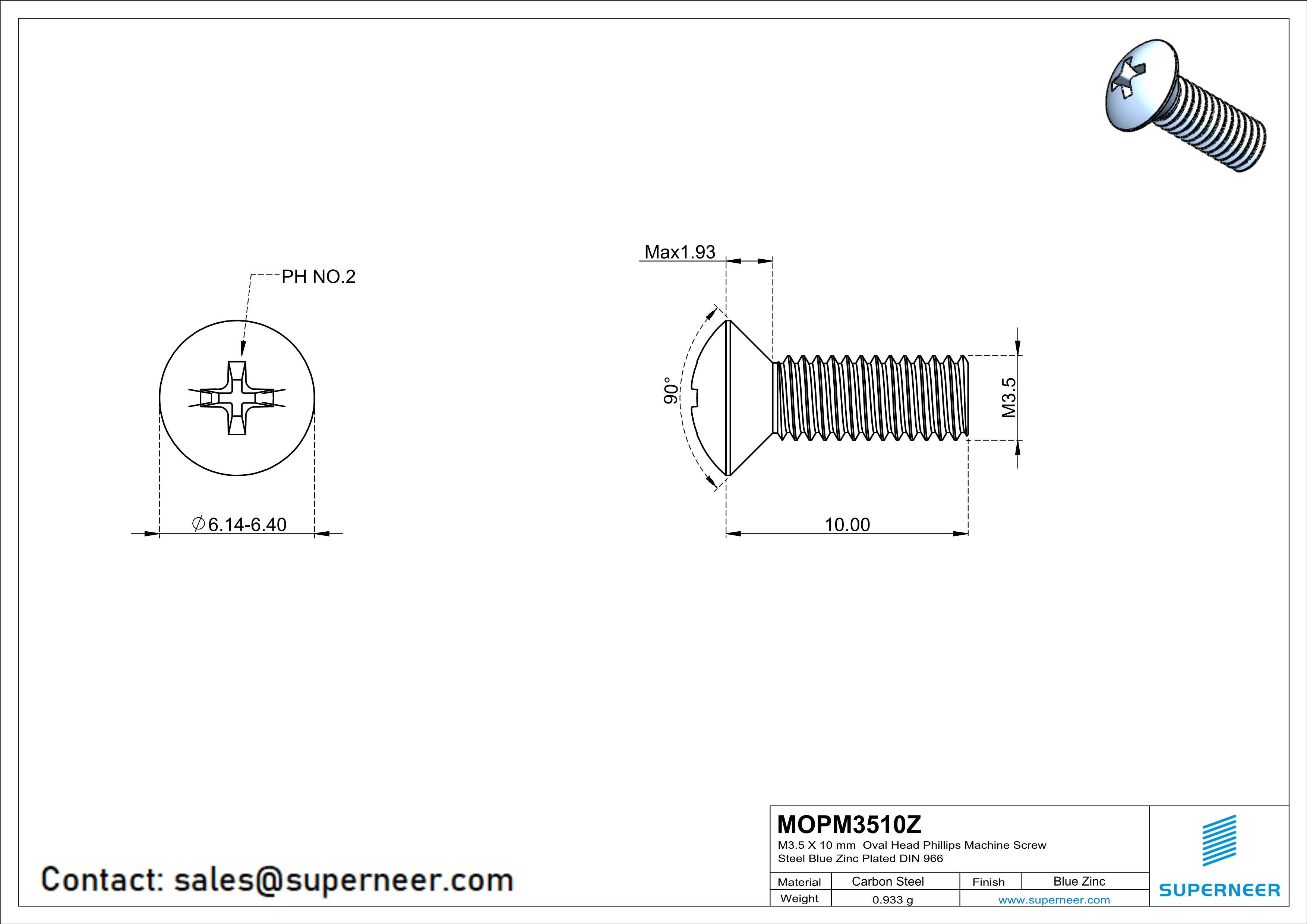 M3.5 x 10 mm Oval Head Phillips Machine Screw Steel Blue Zinc Plated DIN 966