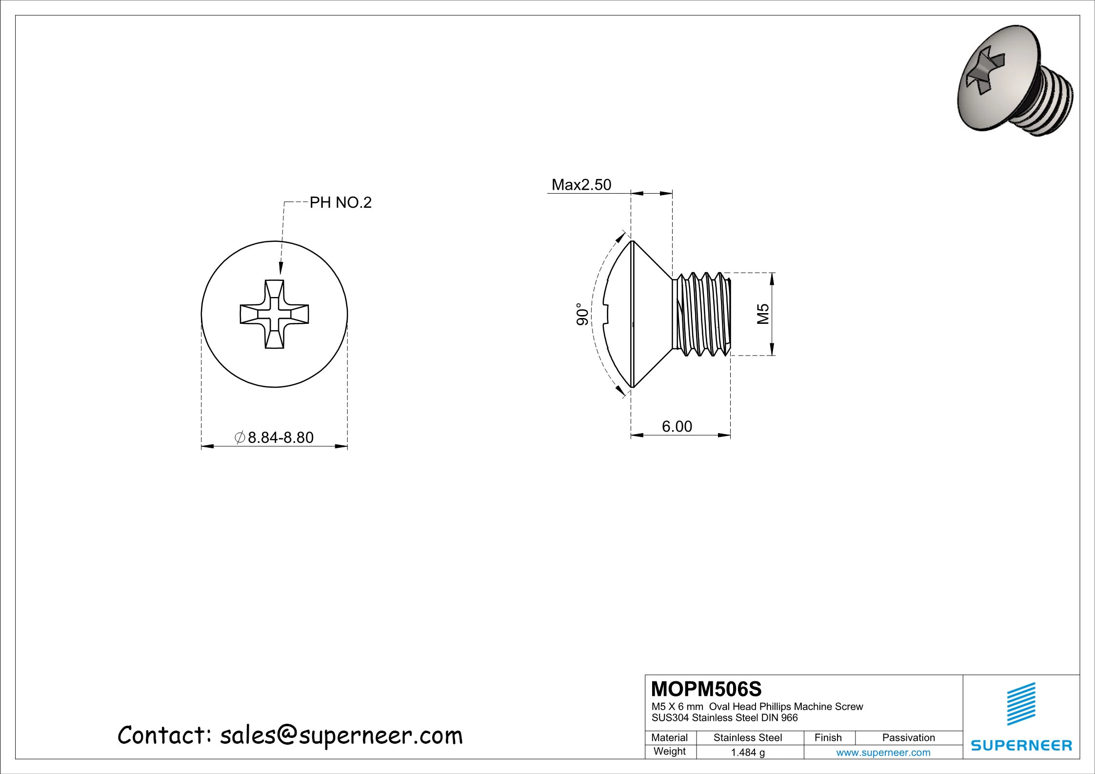 M5 x 6 mm  Oval Head Phillips Machine Screw SUS304 Stainless Steel Inox DIN 966