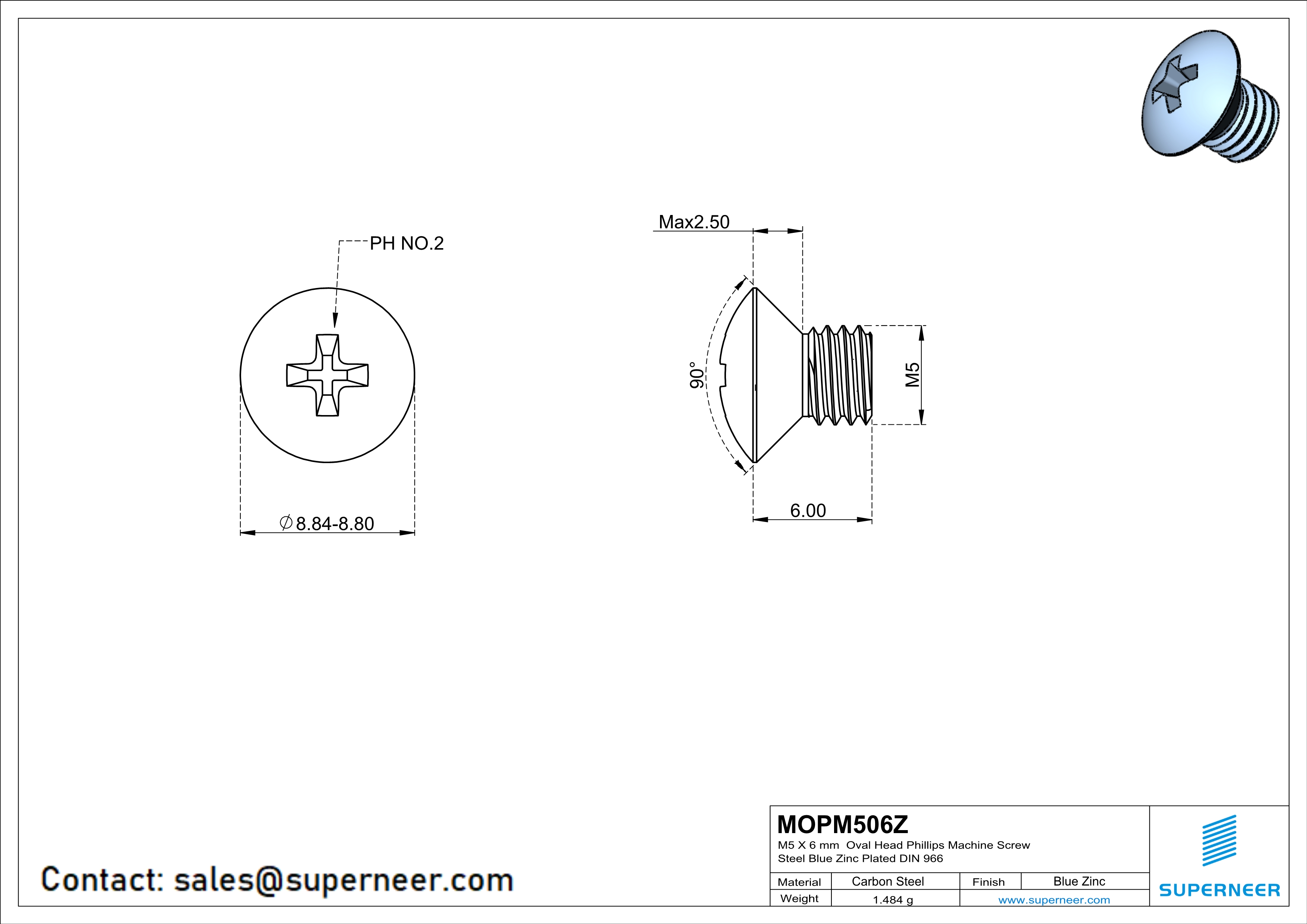 M5 x 6 mm Oval Head Phillips Machine Screw Steel Blue Zinc Plated DIN 966