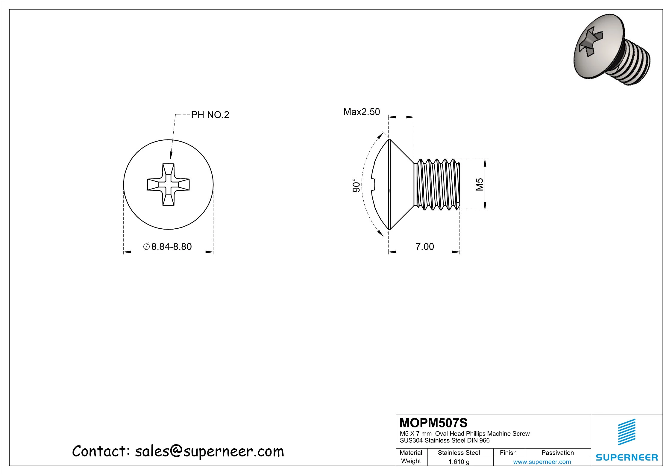 M5 x 7 mm  Oval Head Phillips Machine Screw SUS304 Stainless Steel Inox DIN 966