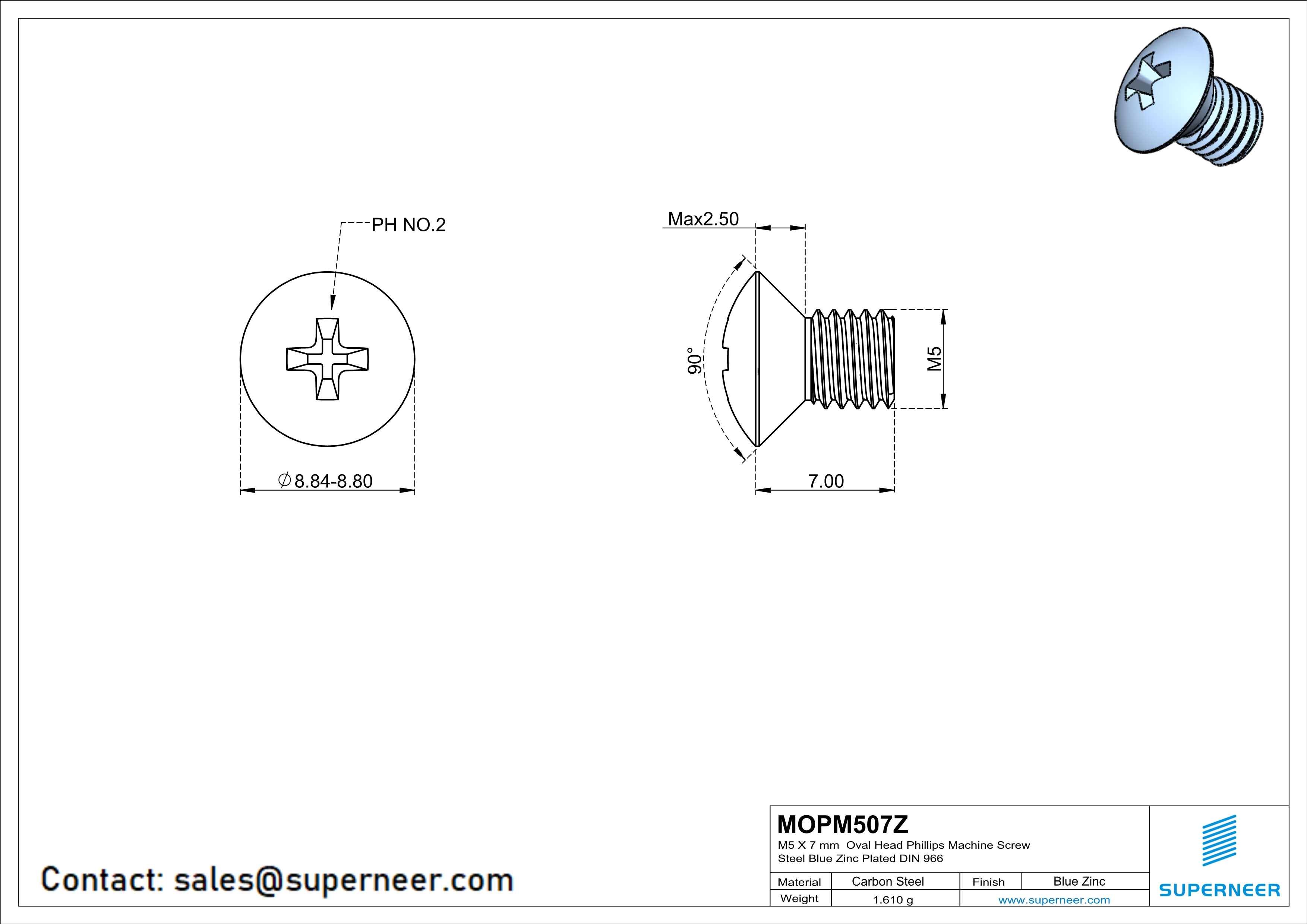 M5 x 7 mm Oval Head Phillips Machine Screw Steel Blue Zinc Plated DIN 966