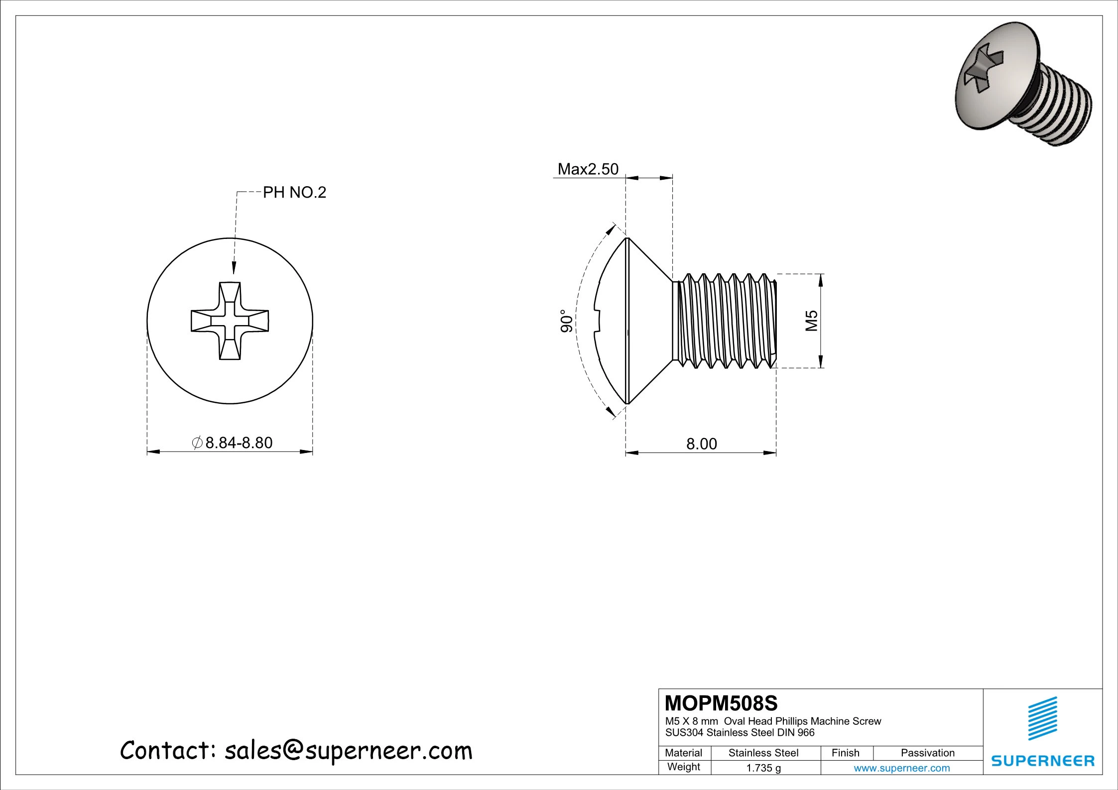 M5 x 8 mm  Oval Head Phillips Machine Screw SUS304 Stainless Steel Inox DIN 966