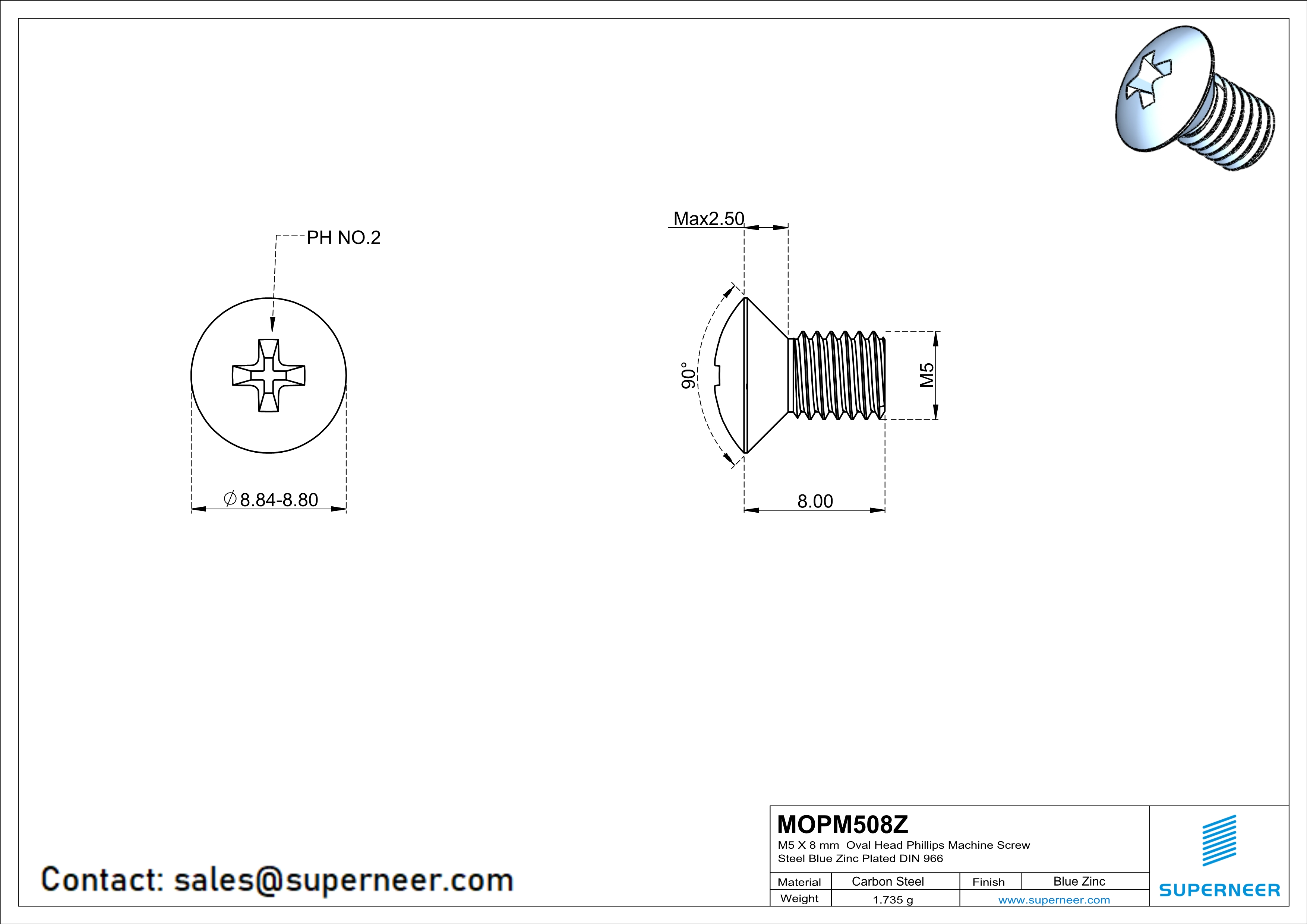 M5 x 8 mm Oval Head Phillips Machine Screw Steel Blue Zinc Plated DIN 966