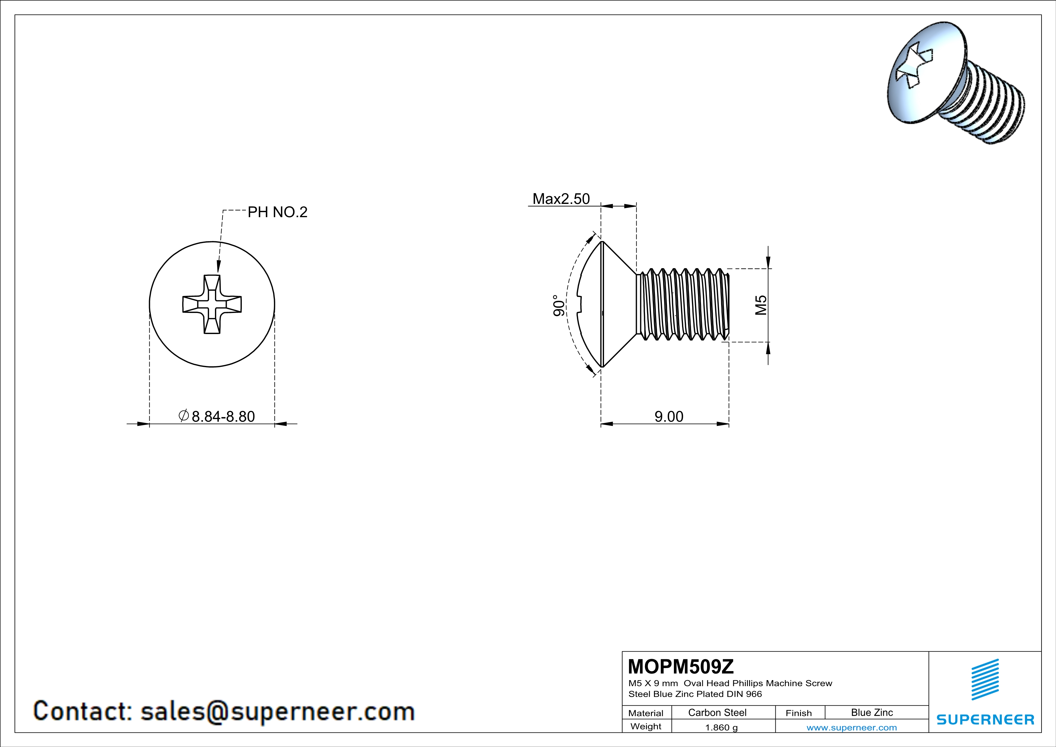M5 x 9 mm Oval Head Phillips Machine Screw Steel Blue Zinc Plated DIN 966