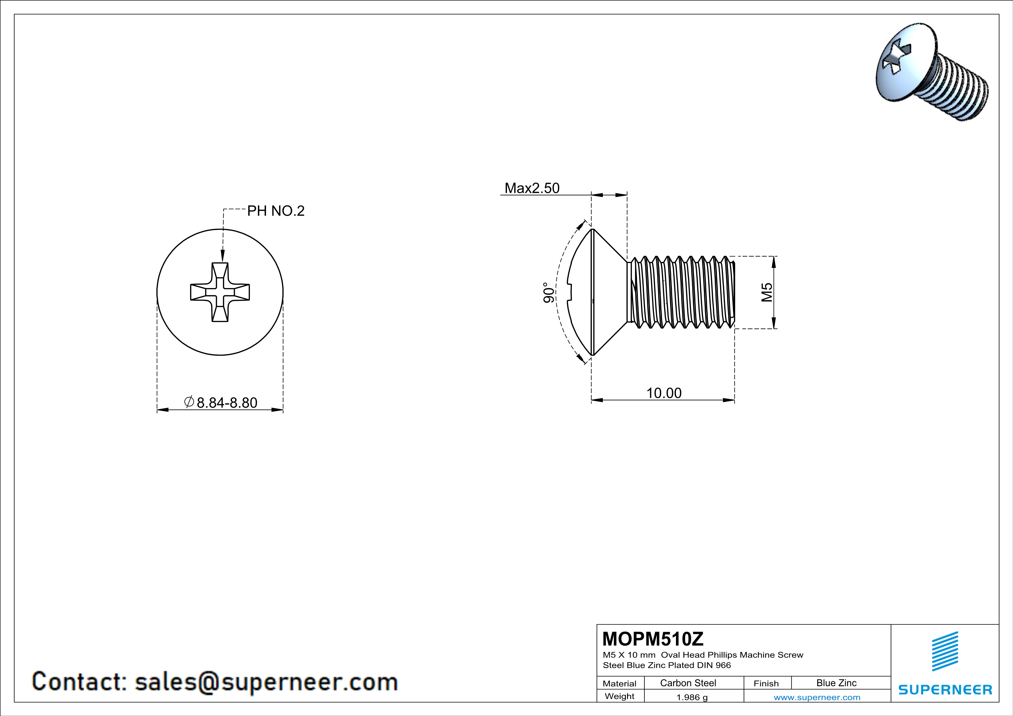 M5 x 10 mm Oval Head Phillips Machine Screw Steel Blue Zinc Plated DIN 966