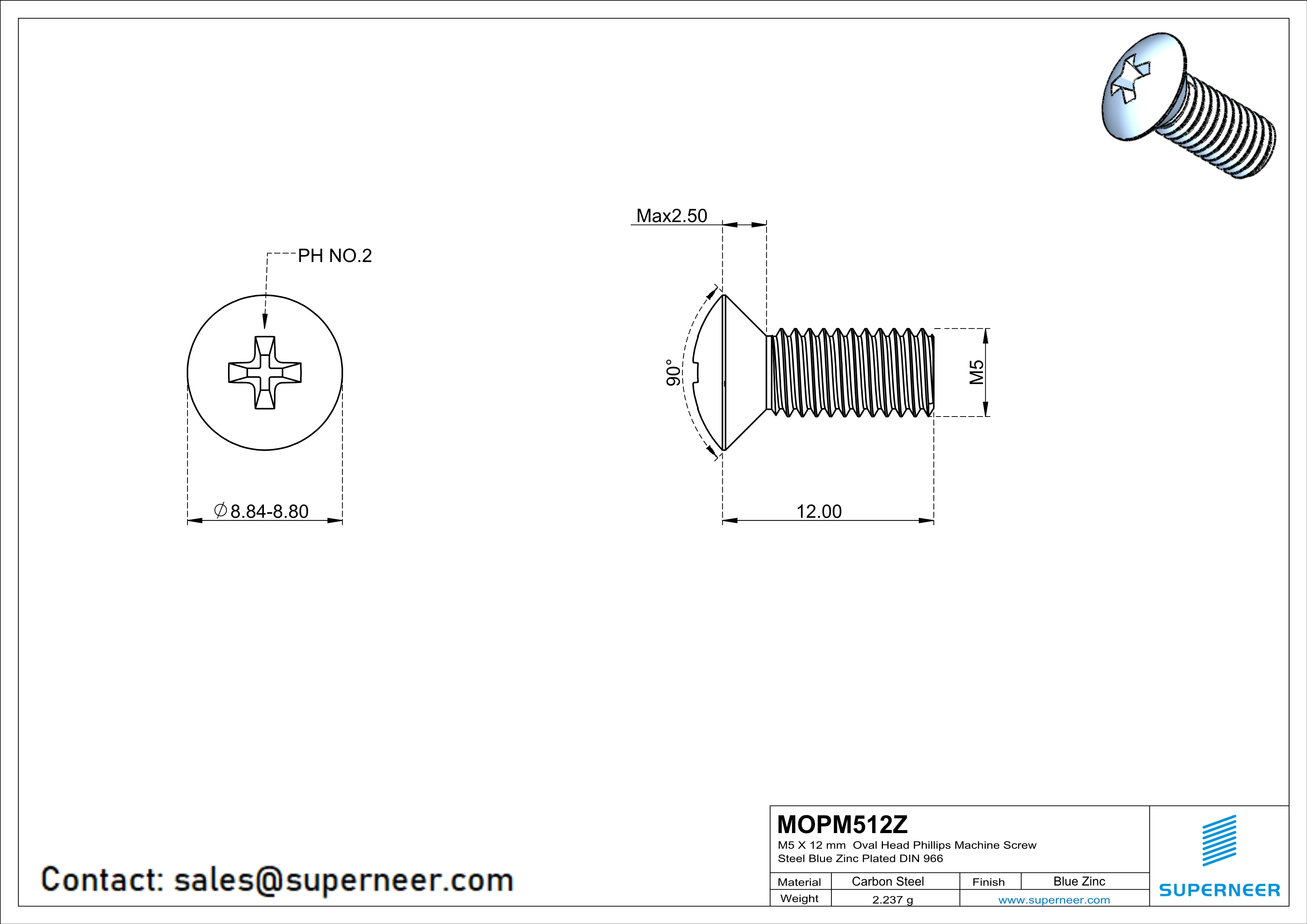 M5 x 12 mm Oval Head Phillips Machine Screw Steel Blue Zinc Plated DIN 966