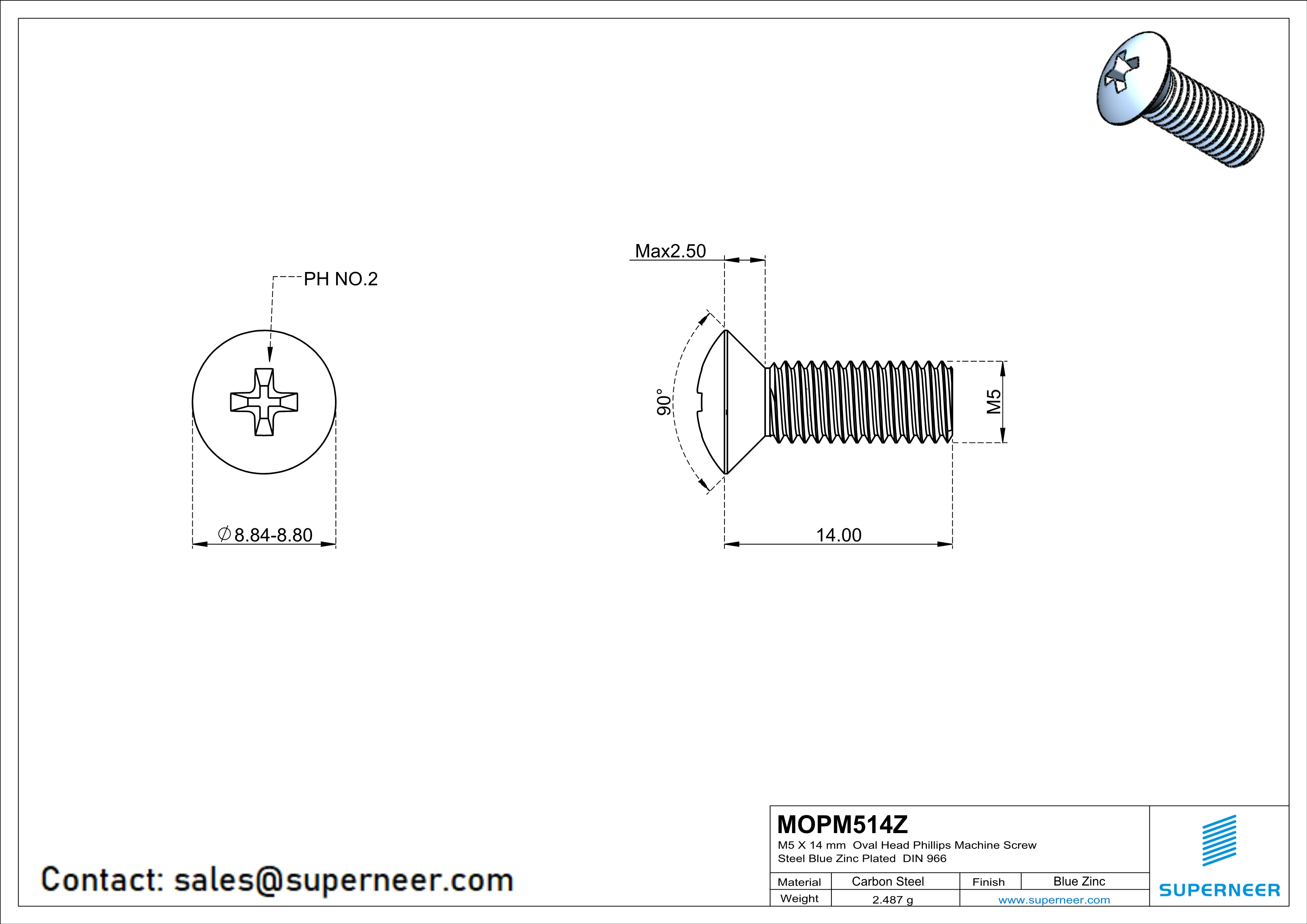 M5 x 14 mm Oval Head Phillips Machine Screw Steel Blue Zinc Plated DIN 966