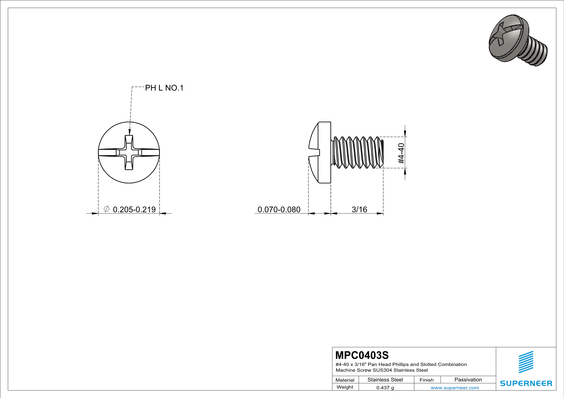 4-40 x 3/16" Pan Head Phillips and Slotted Combination Machine Screw SUS304 Stainless Steel Inox