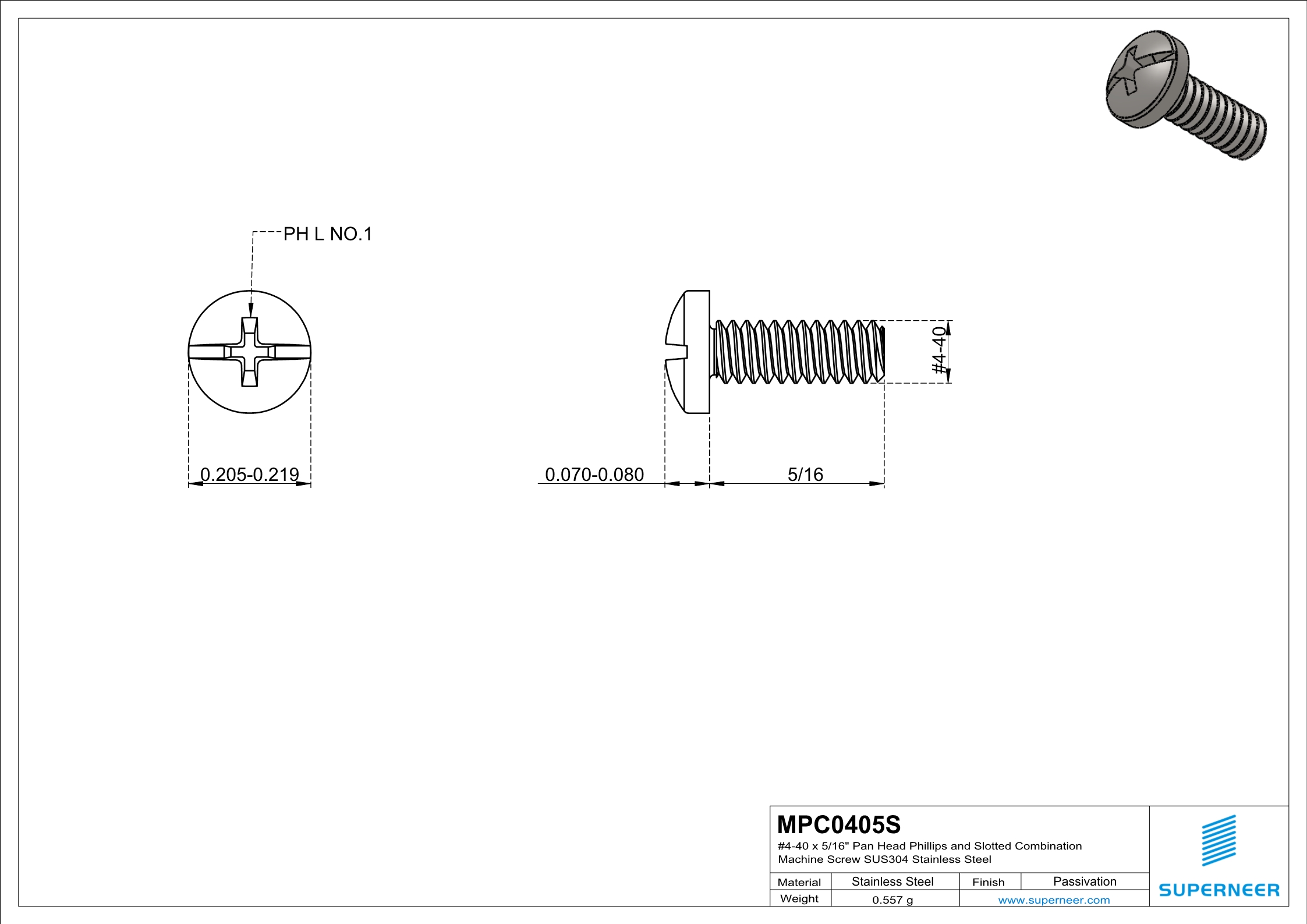 4-40 x 5/16" Pan Head Phillips and Slotted Combination Machine Screw SUS304 Stainless Steel Inox