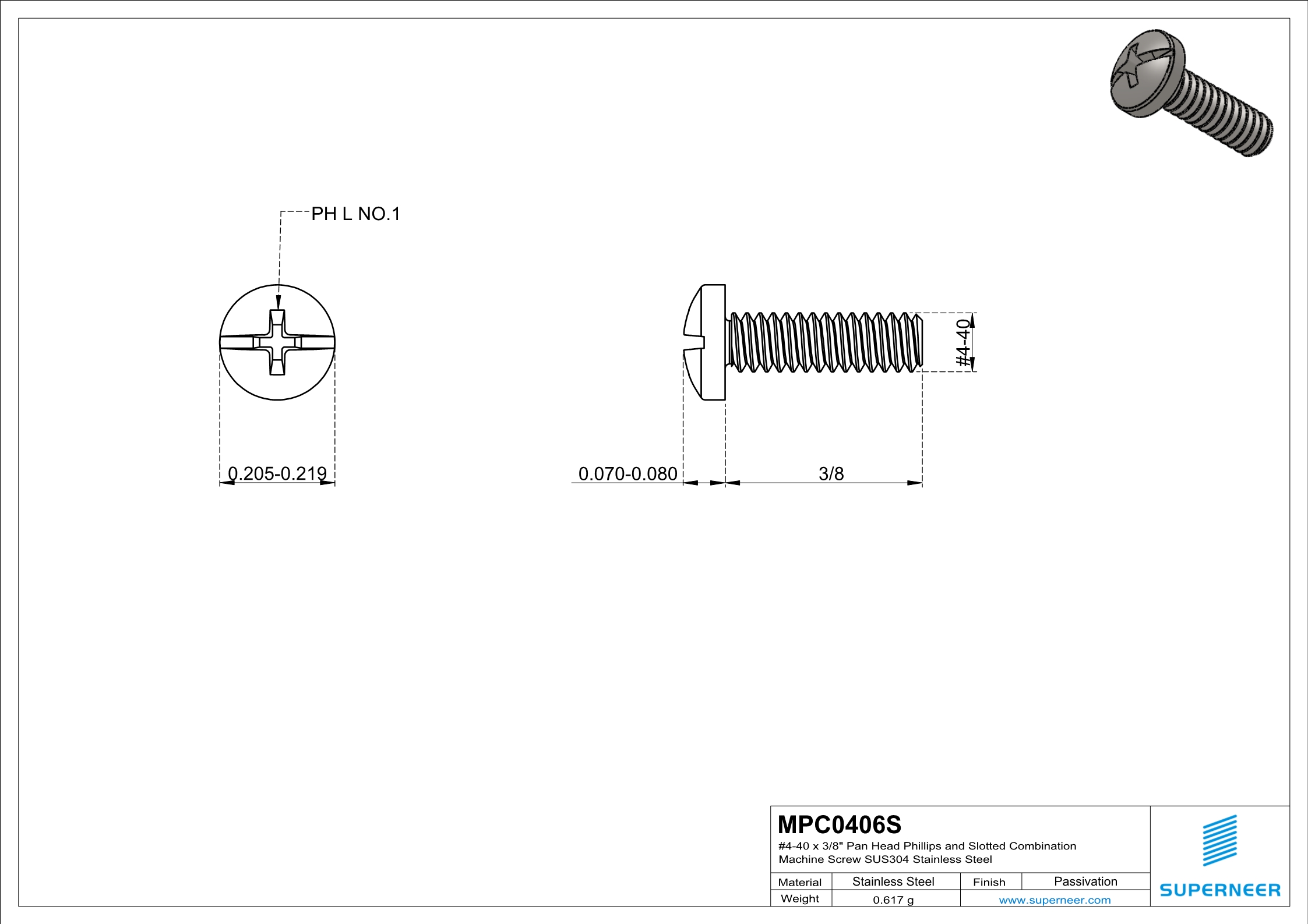 4-40 x 3/8" Pan Head Phillips and Slotted Combination Machine Screw SUS304 Stainless Steel Inox