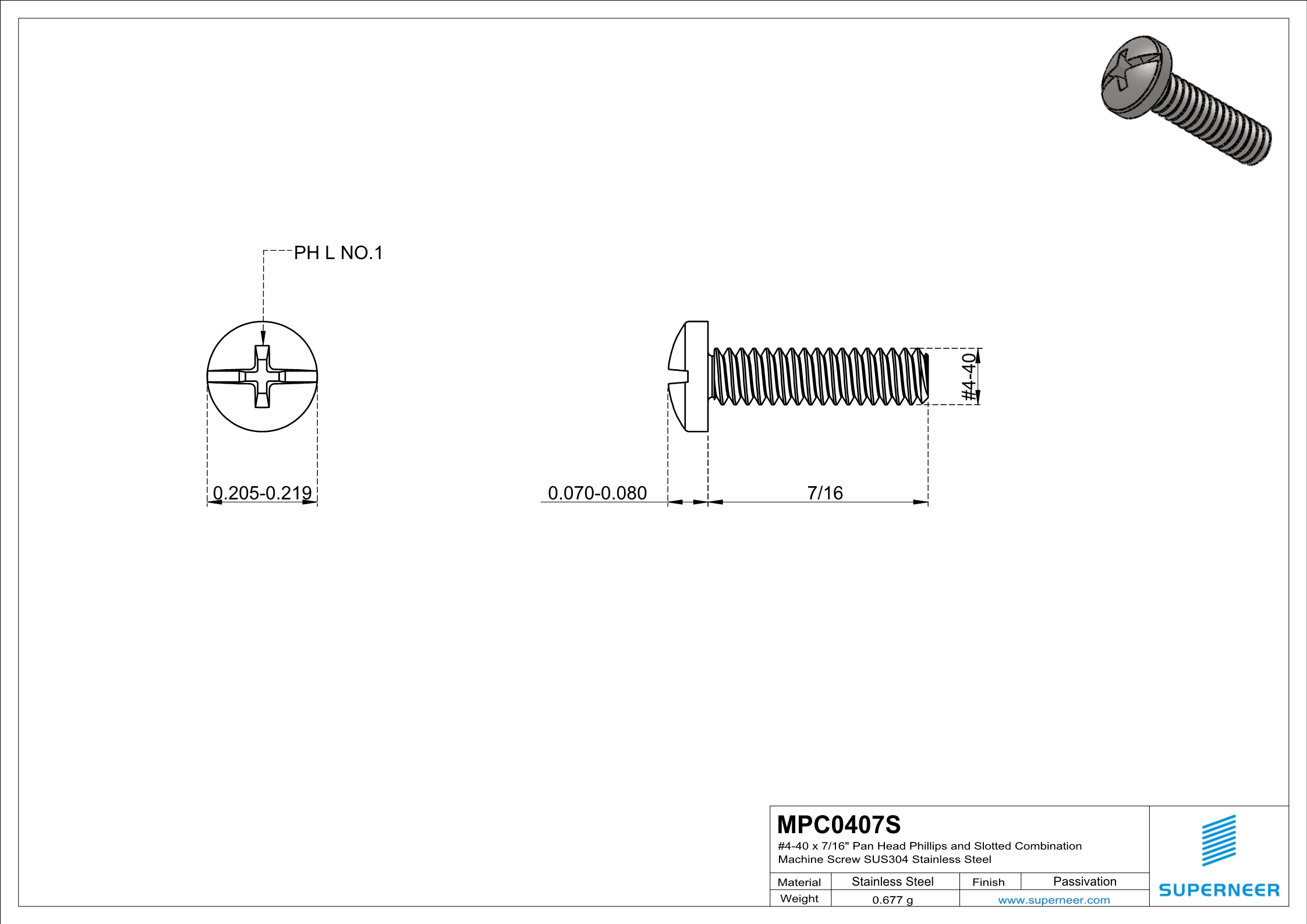 4-40 x 7/16" Pan Head Phillips and Slotted Combination Machine Screw SUS304 Stainless Steel Inox