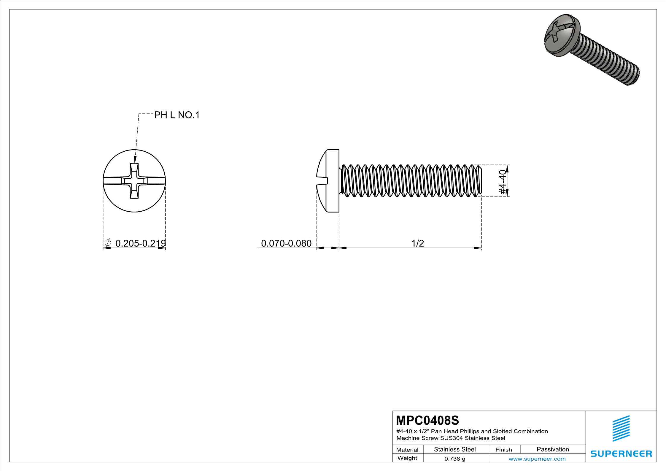 4-40 x 1/2"Pan Head Phillips and Slotted Combination Machine Screw SUS304 Stainless Steel Inox