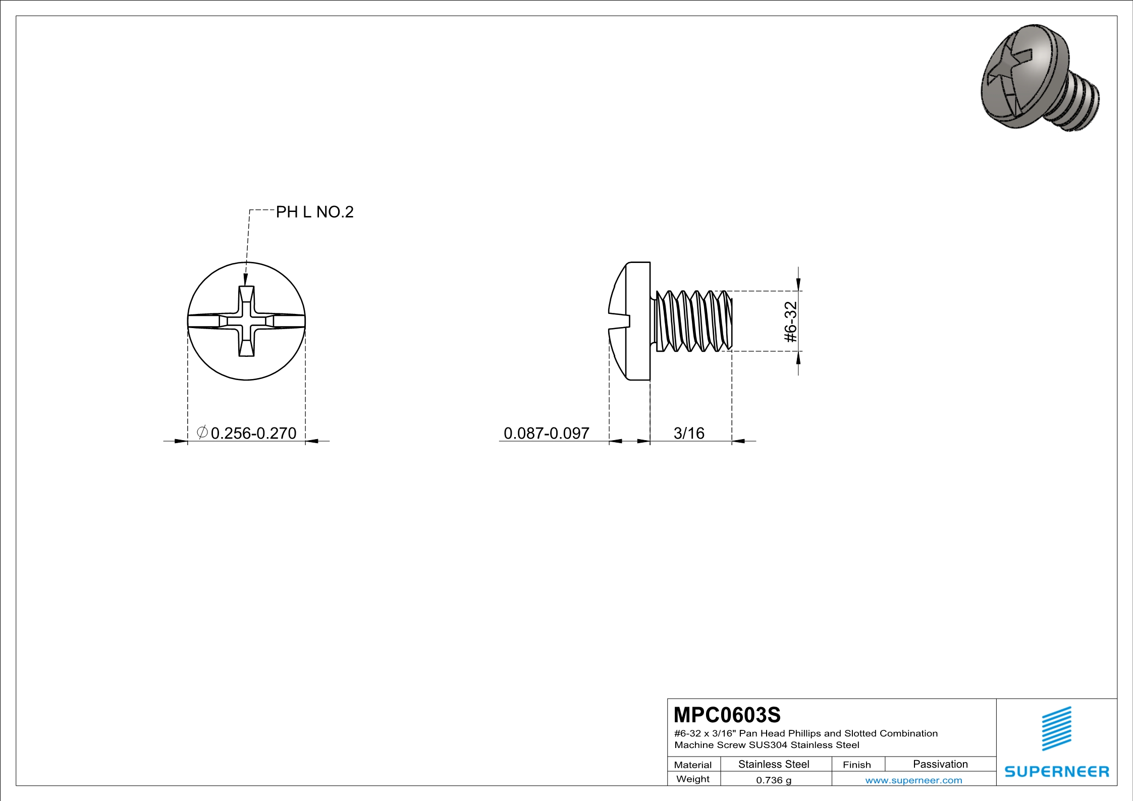 6-32 x 3/16" Pan Head Phillips and Slotted Combination Machine Screw SUS304 Stainless Steel Inox