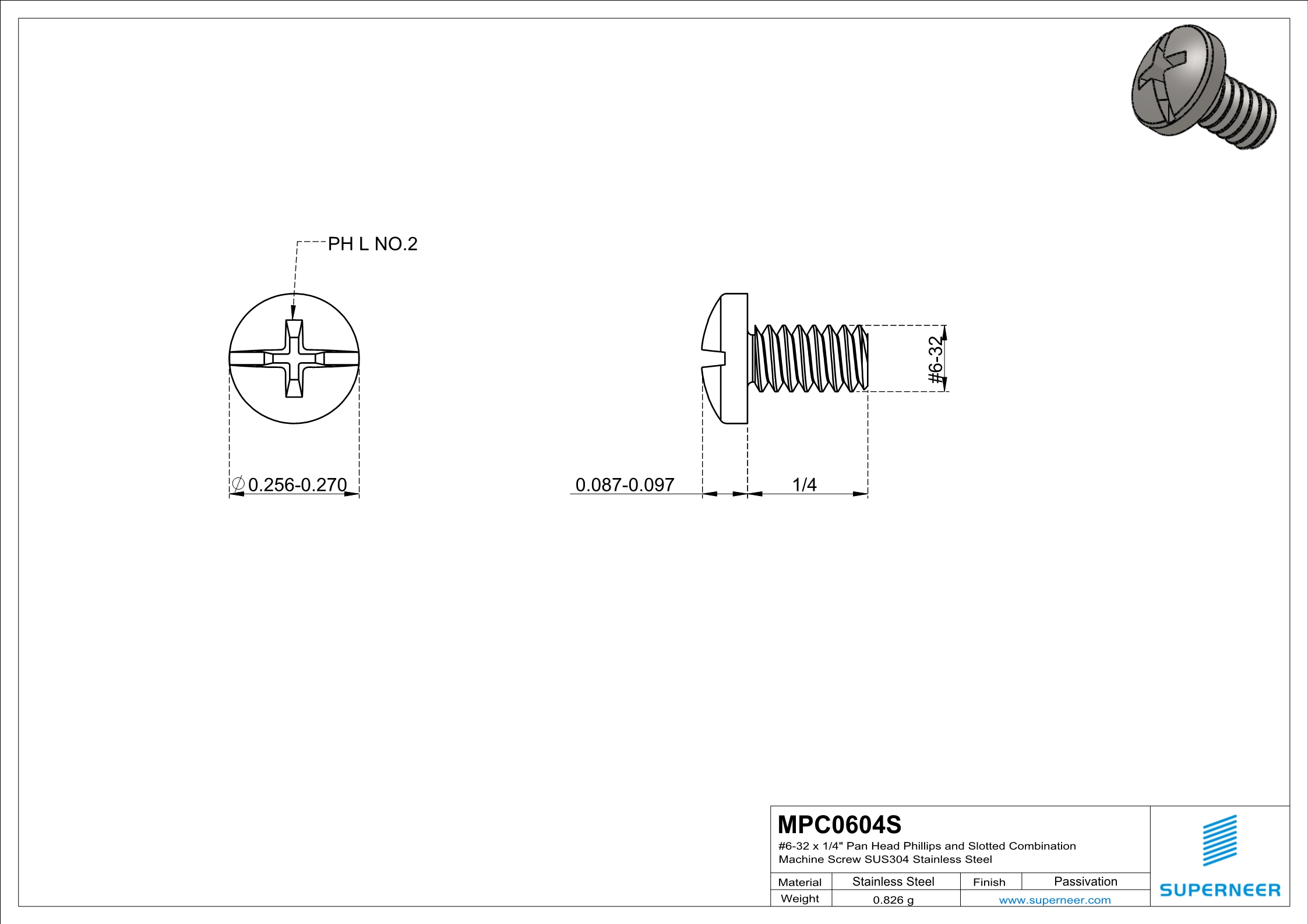 6-32 x 1/4" Pan Head Phillips and Slotted Combination Machine Screw SUS304 Stainless Steel Inox