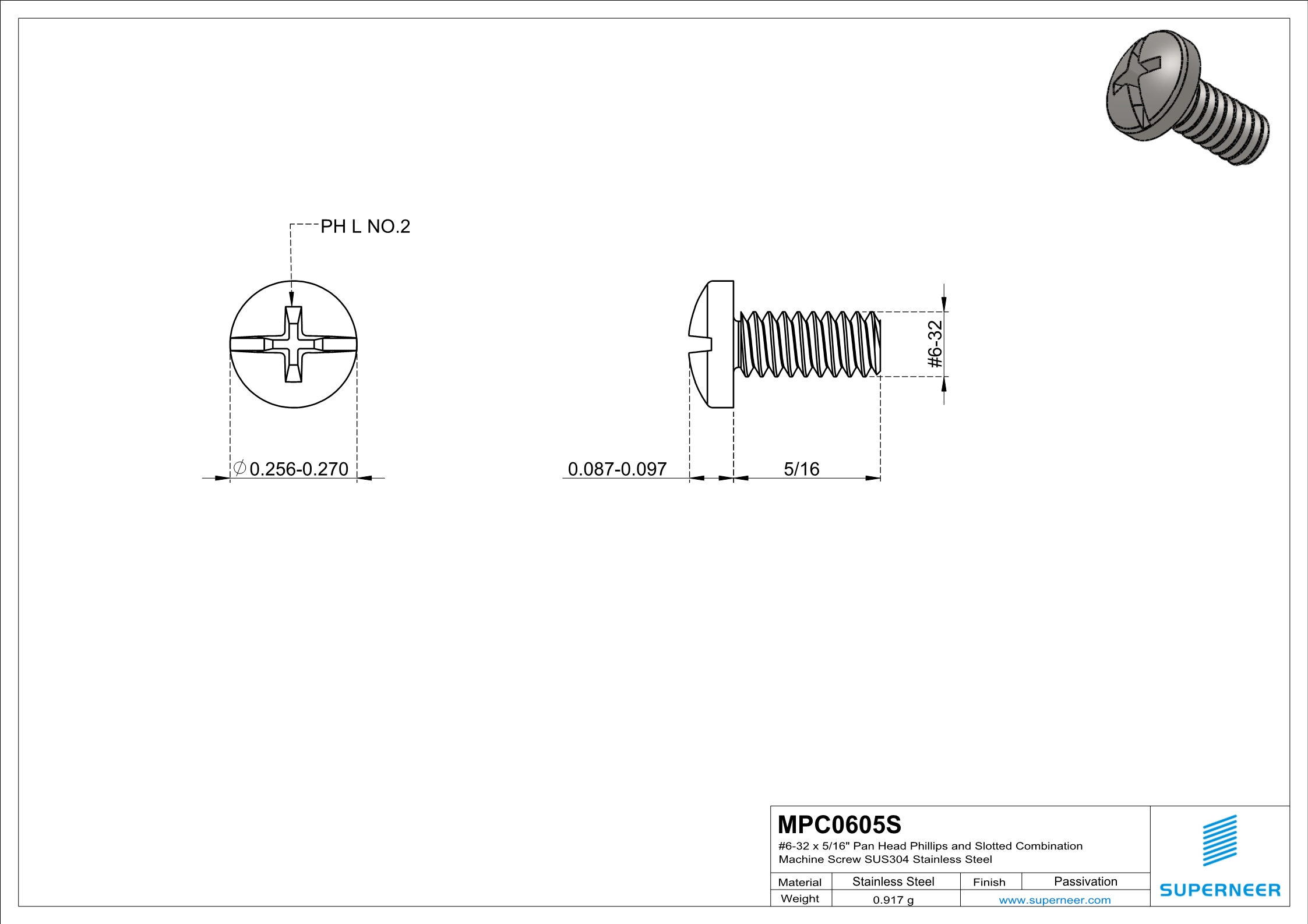 6-32 x 5/16" Pan Head Phillips and Slotted Combination Machine Screw SUS304 Stainless Steel Inox