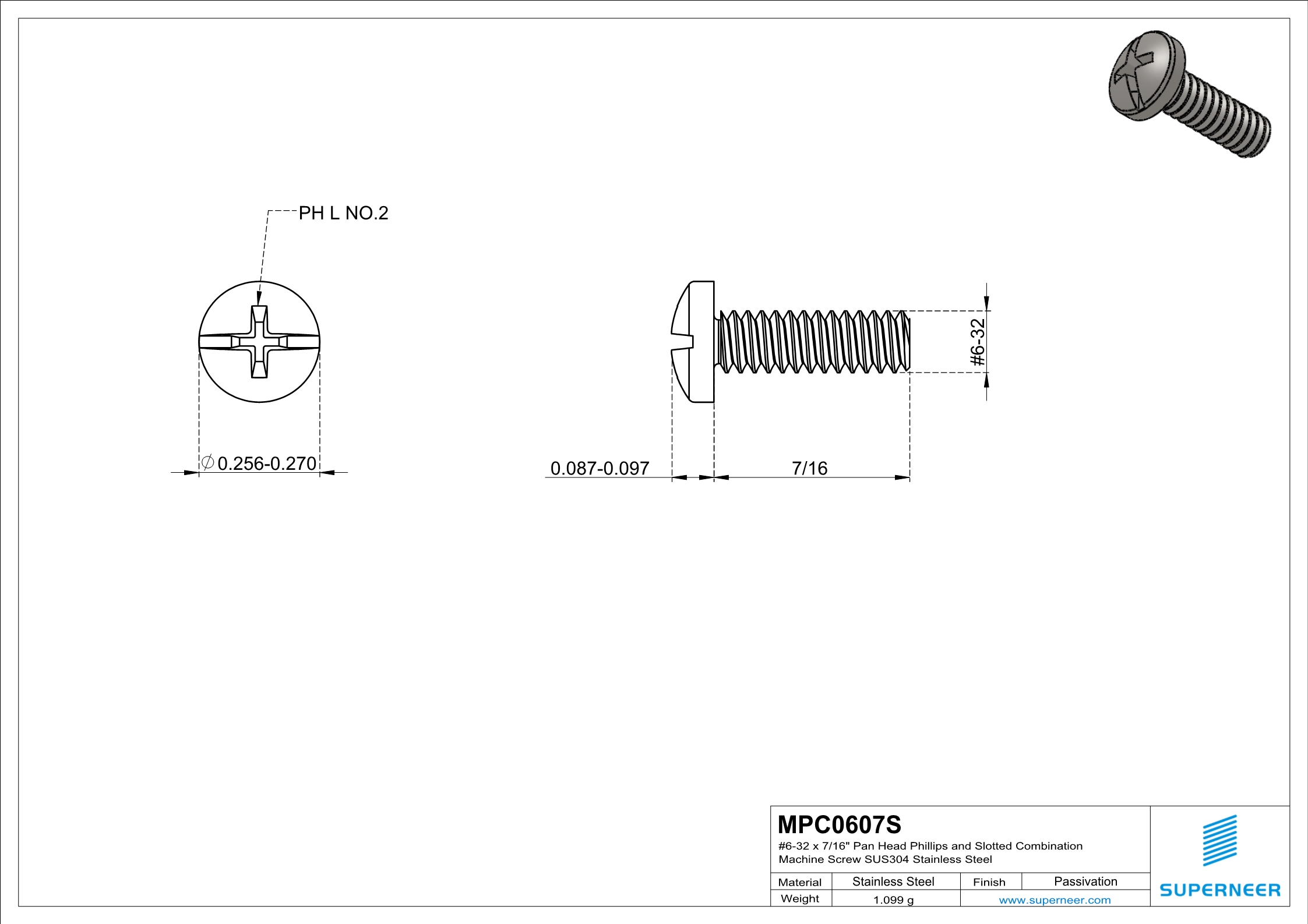 6-32 x 7/16" Pan Head Phillips and Slotted Combination Machine Screw SUS304 Stainless Steel Inox