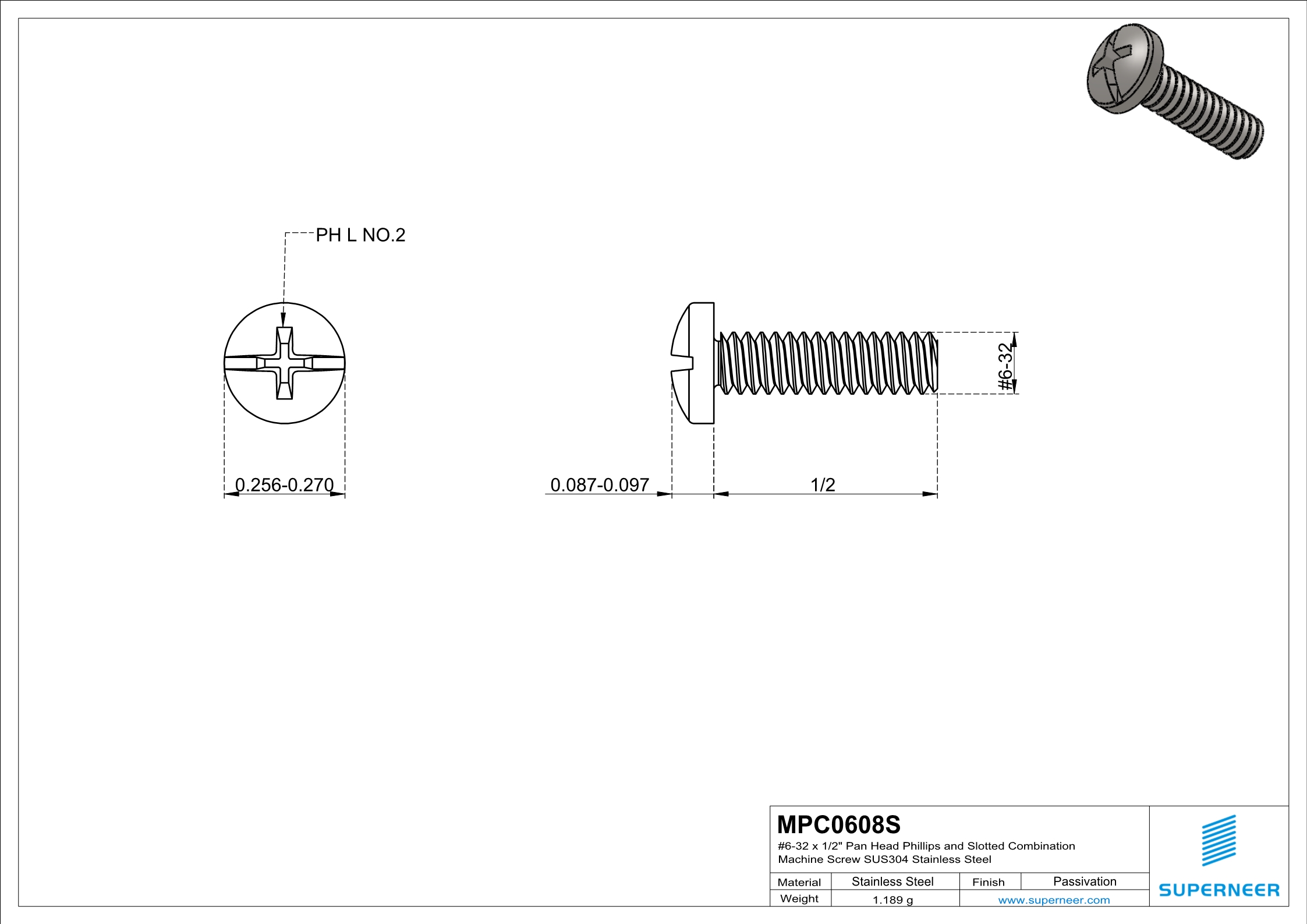 6-32 x 1/2" Pan Head Phillips and Slotted Combination Machine Screw SUS304 Stainless Steel Inox