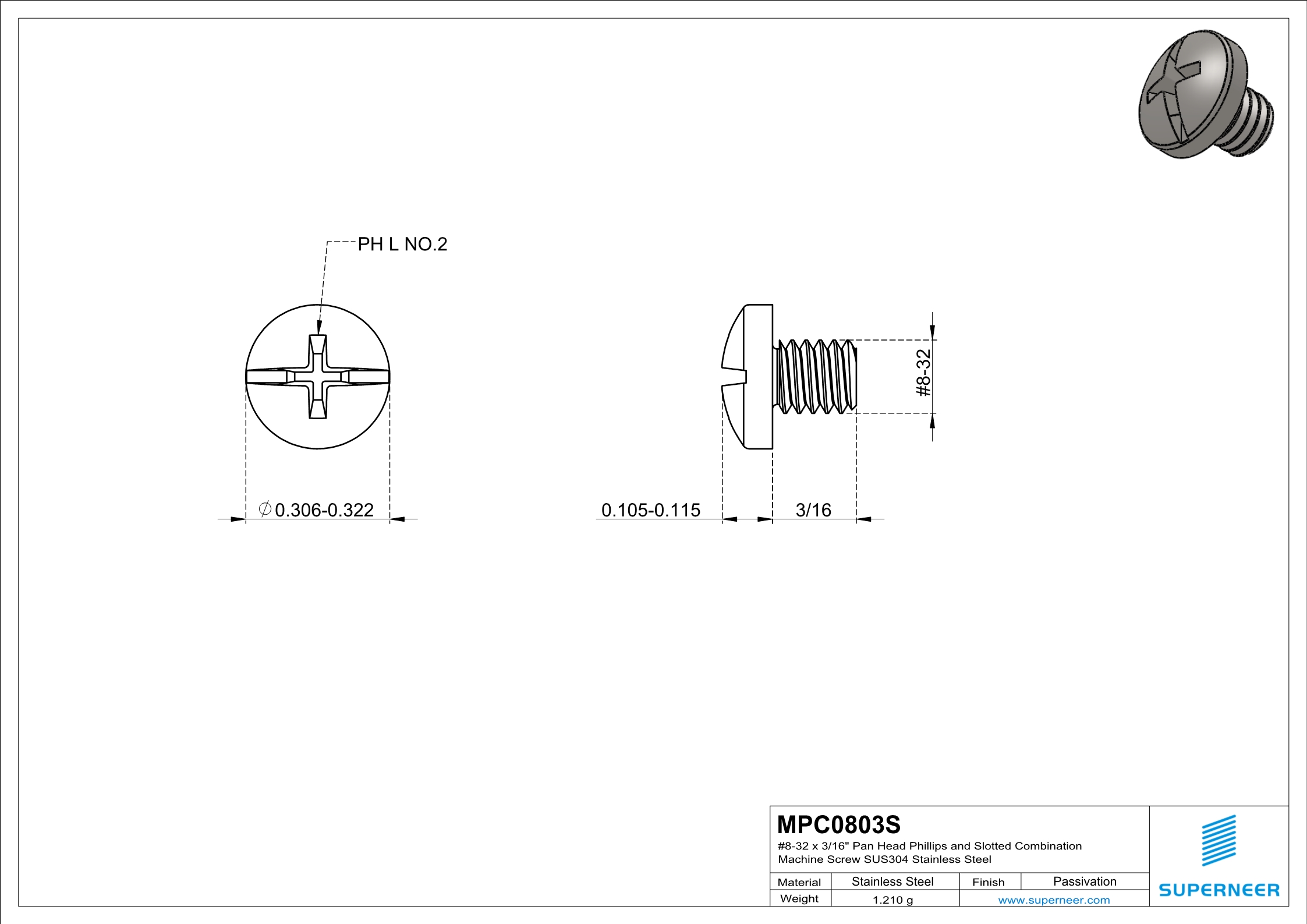 8-32 x 3/16" Pan Head Phillips and Slotted Combination Machine Screw SUS304 Stainless Steel Inox