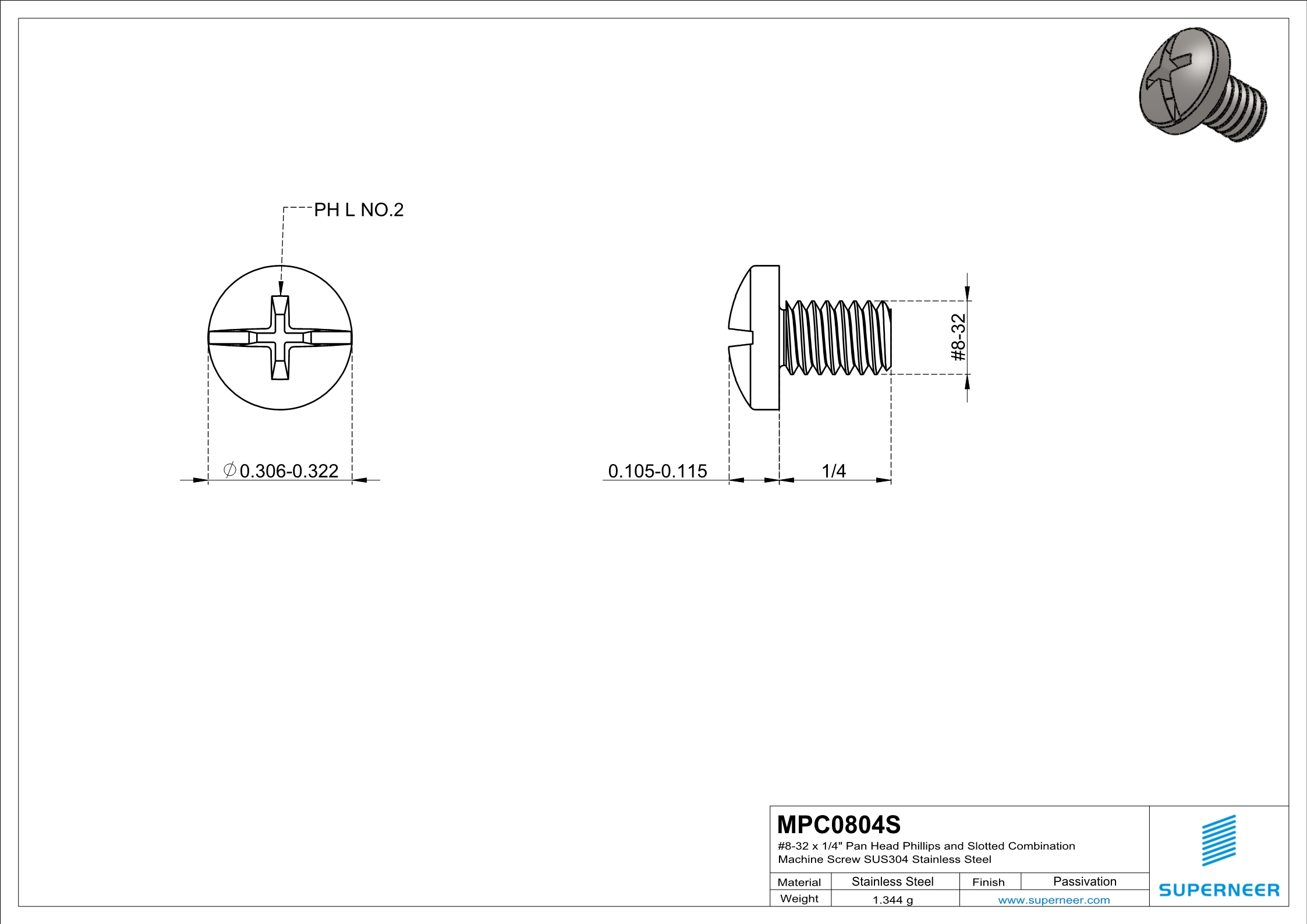 8-32 x 1/4" Pan Head Phillips and Slotted Combination Machine Screw SUS304 Stainless Steel Inox