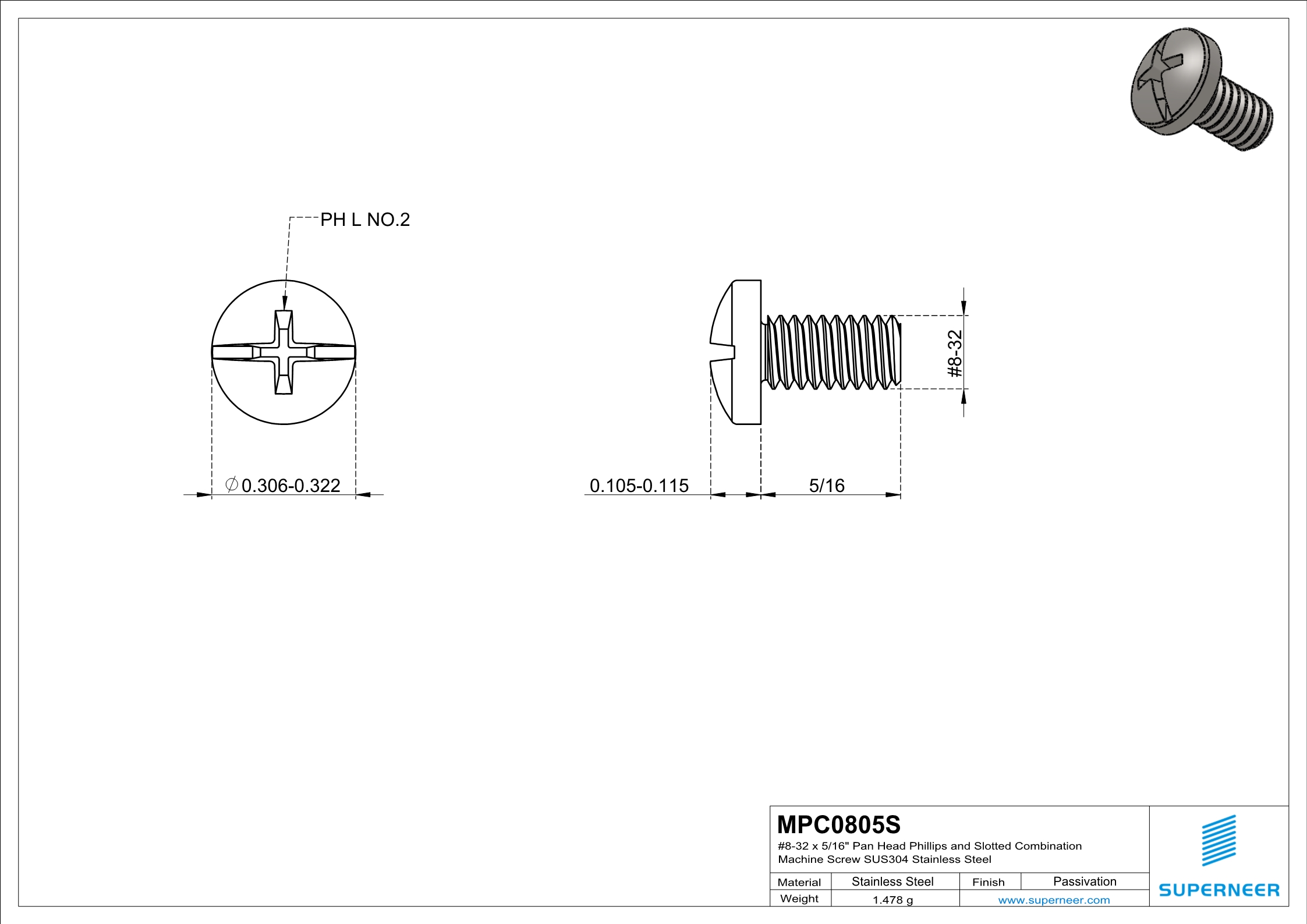 8-32 x 5/16" Pan Head Phillips and Slotted Combination Machine Screw SUS304 Stainless Steel Inox