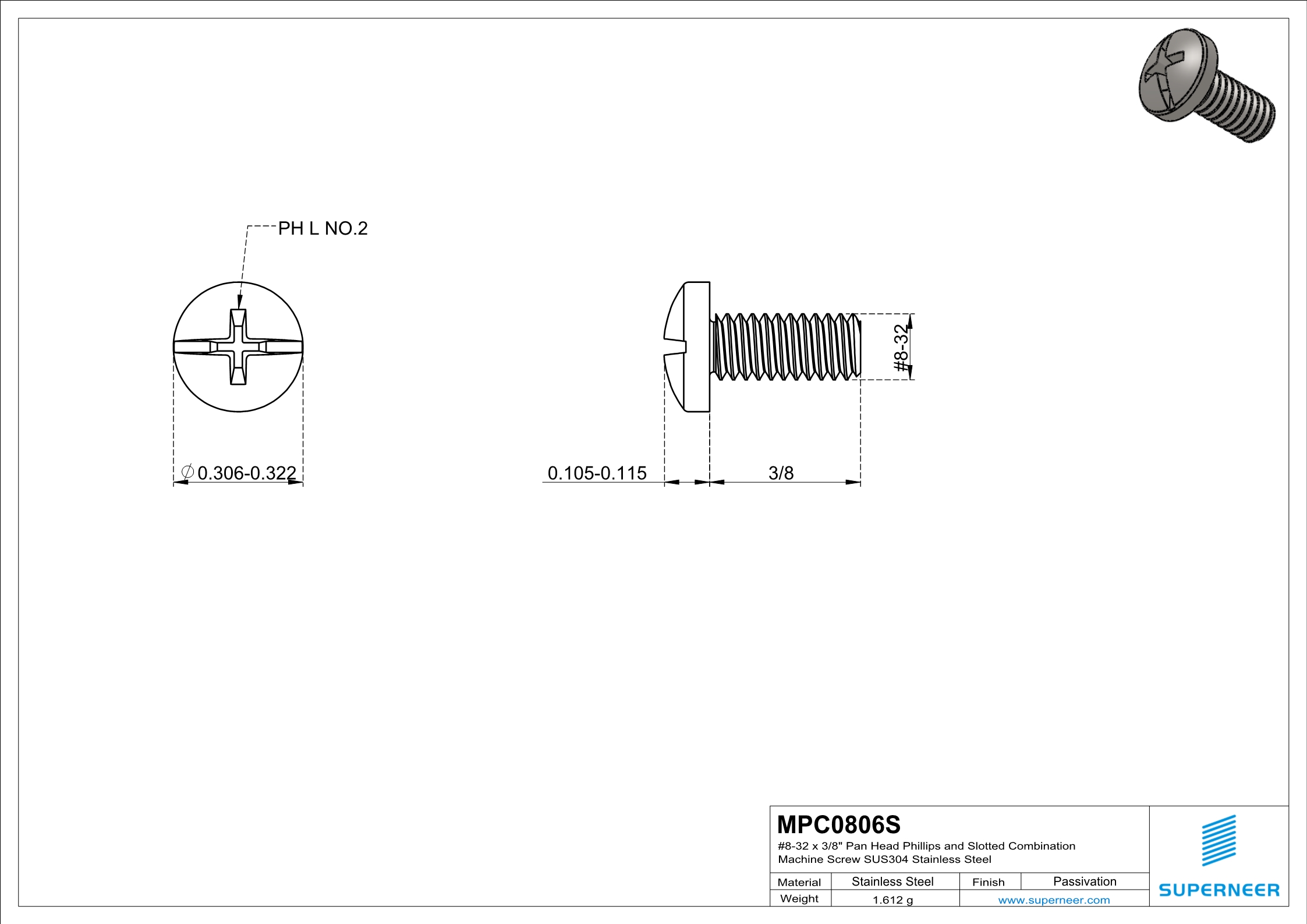 8-32 x 3/8" Pan Head Phillips and Slotted Combination Machine Screw SUS304 Stainless Steel Inox