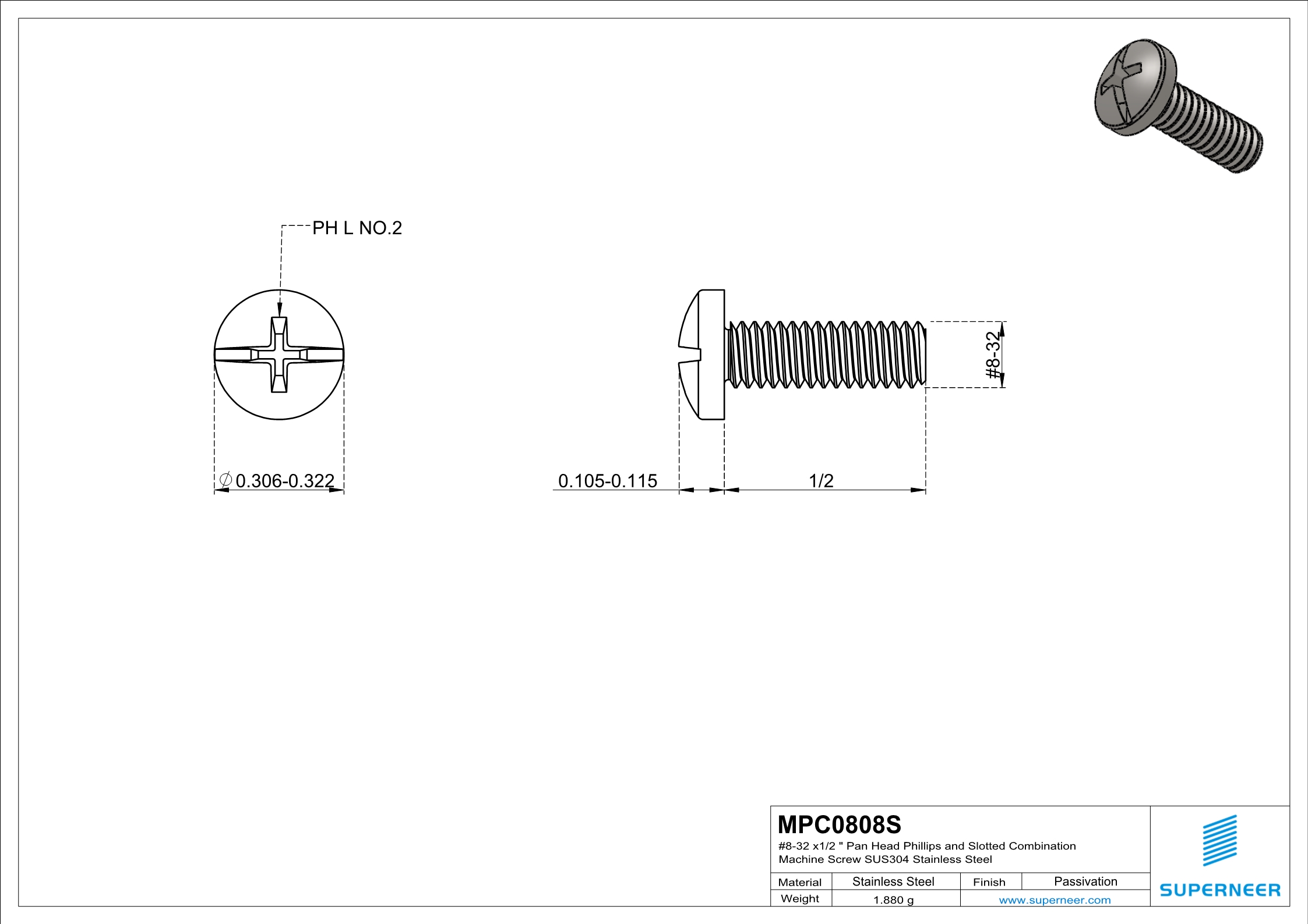 8-32 x 1/2" Pan Head Phillips and Slotted Combination Machine Screw SUS304 Stainless Steel Inox
