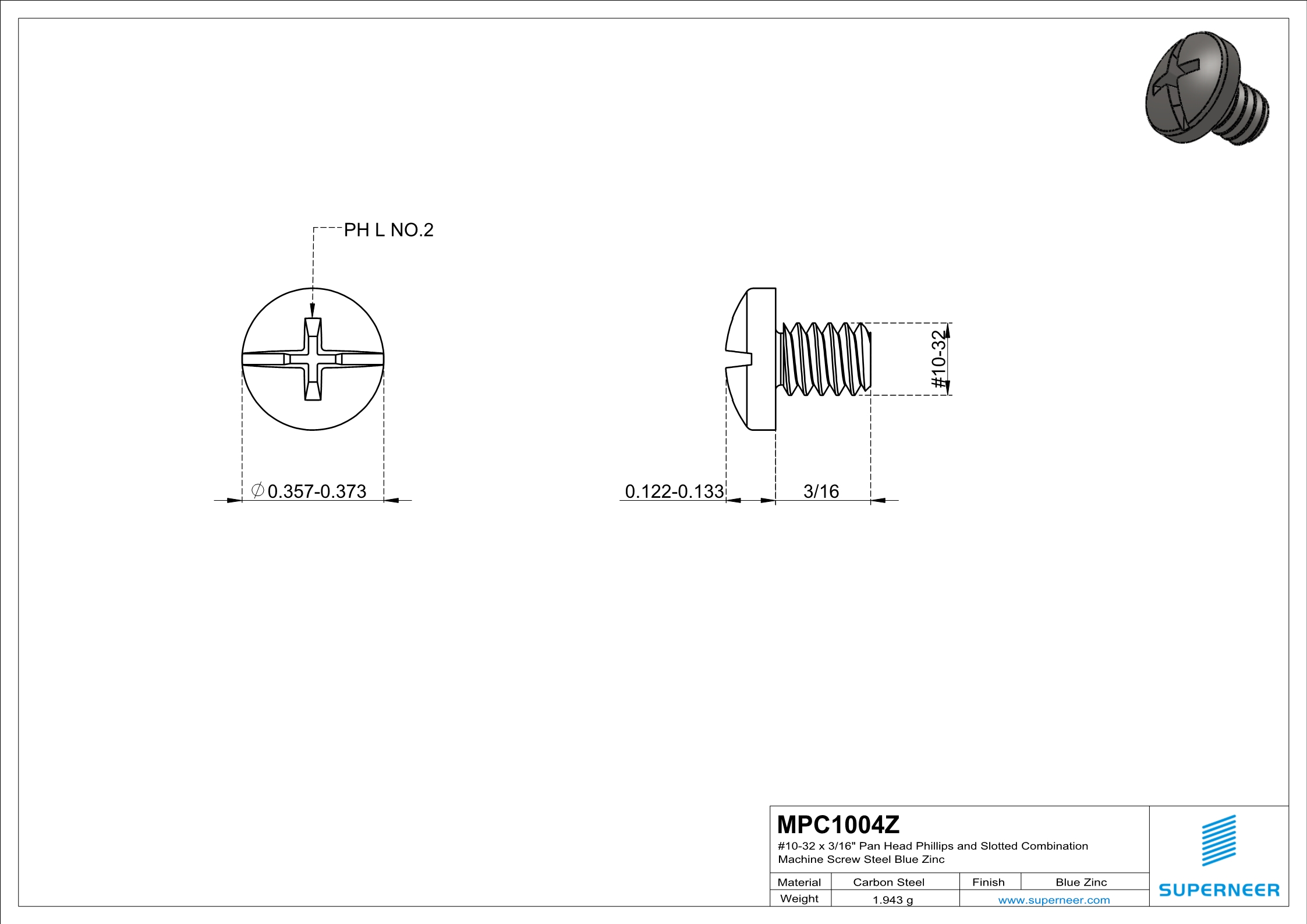 10-32 x 1/4" Pan Head Phillips and Slotted Combination Machine Screw SUS304 Stainless Steel Inox