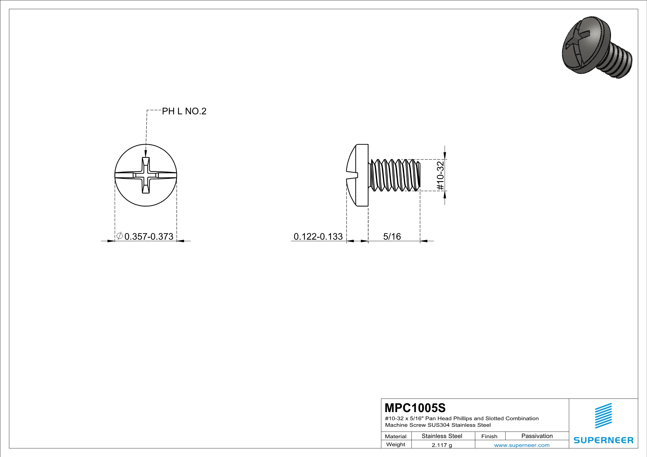 10-32 x 5/16" Pan Head Phillips and Slotted Combination Machine Screw SUS304 Stainless Steel Inox