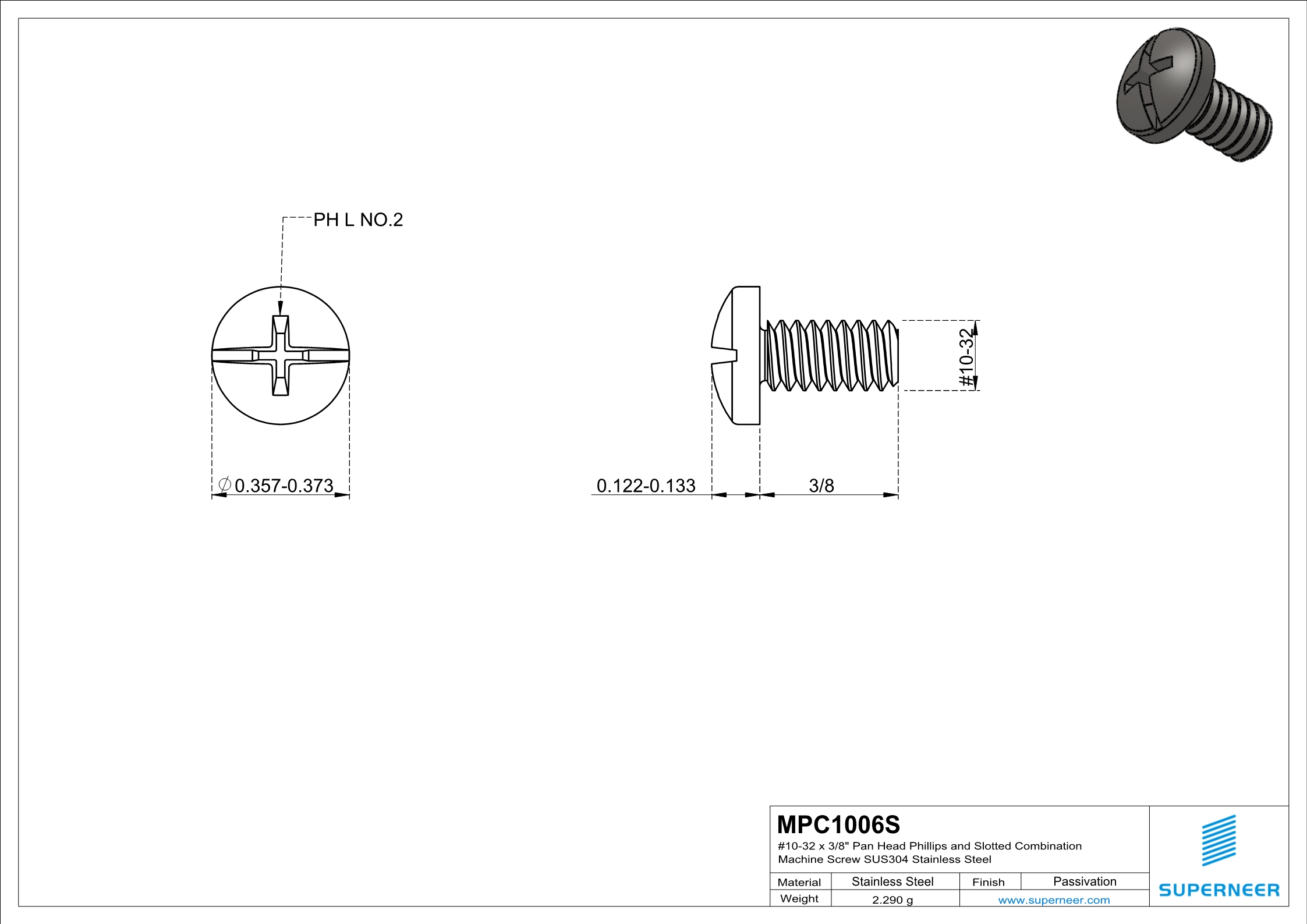 10-32 x 3/8" Pan Head Phillips and Slotted Combination Machine Screw SUS304 Stainless Steel Inox