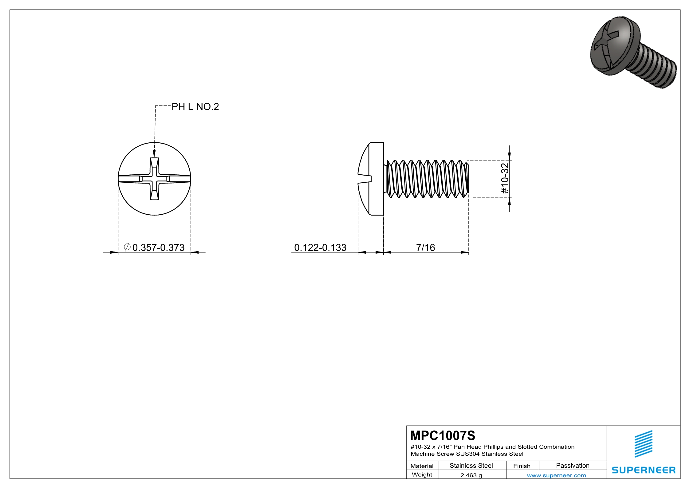 10-32 x 7/16" Pan Head Phillips and Slotted Combination Machine Screw SUS304 Stainless Steel Inox