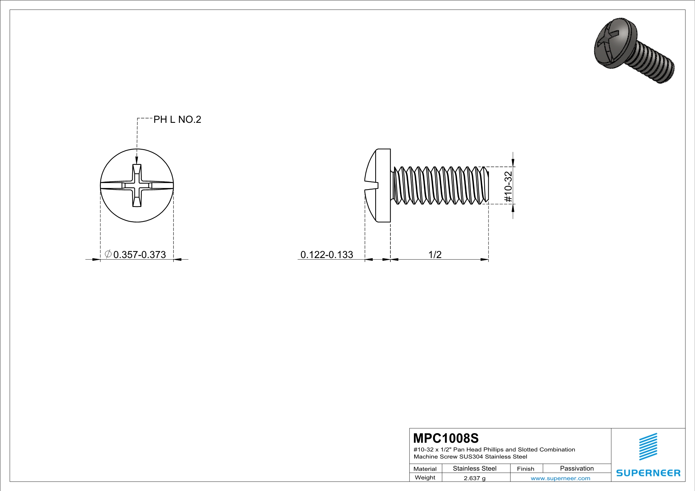 10-32 x 1/2" Pan Head Phillips and Slotted Combination Machine Screw SUS304 Stainless Steel Inox