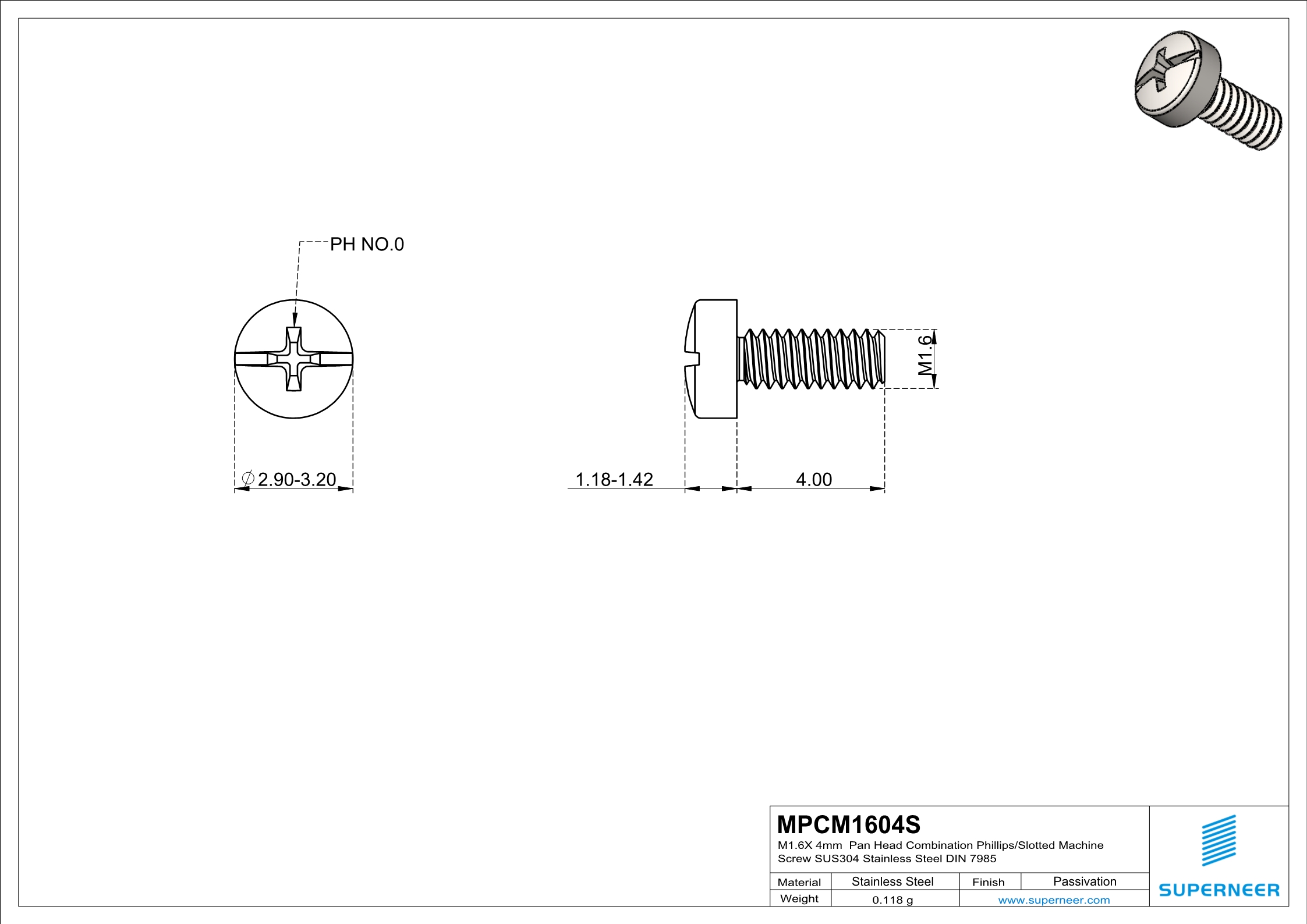 M1.6x 4mm  Pan Head Combination Phillips/Slotted Machine Screw SUS304 Stainless Steel Inox DIN 7985