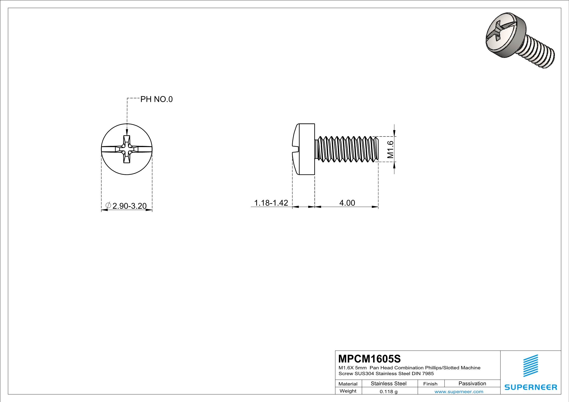 M1.6x 5mm  Pan Head  Combination Phillips/Slotted  Machine Screw SUS304 Stainless Steel Inox DIN 7985