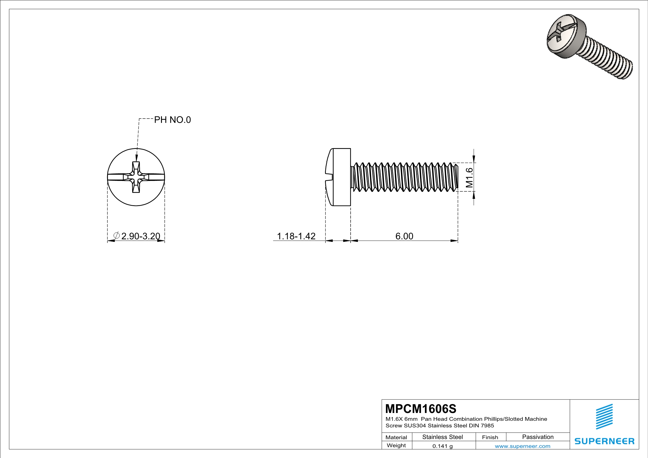 M1.6 x 6mm  Pan Head  Combination Phillips/Slotted  Machine Screw SUS304 Stainless Steel Inox DIN 7985