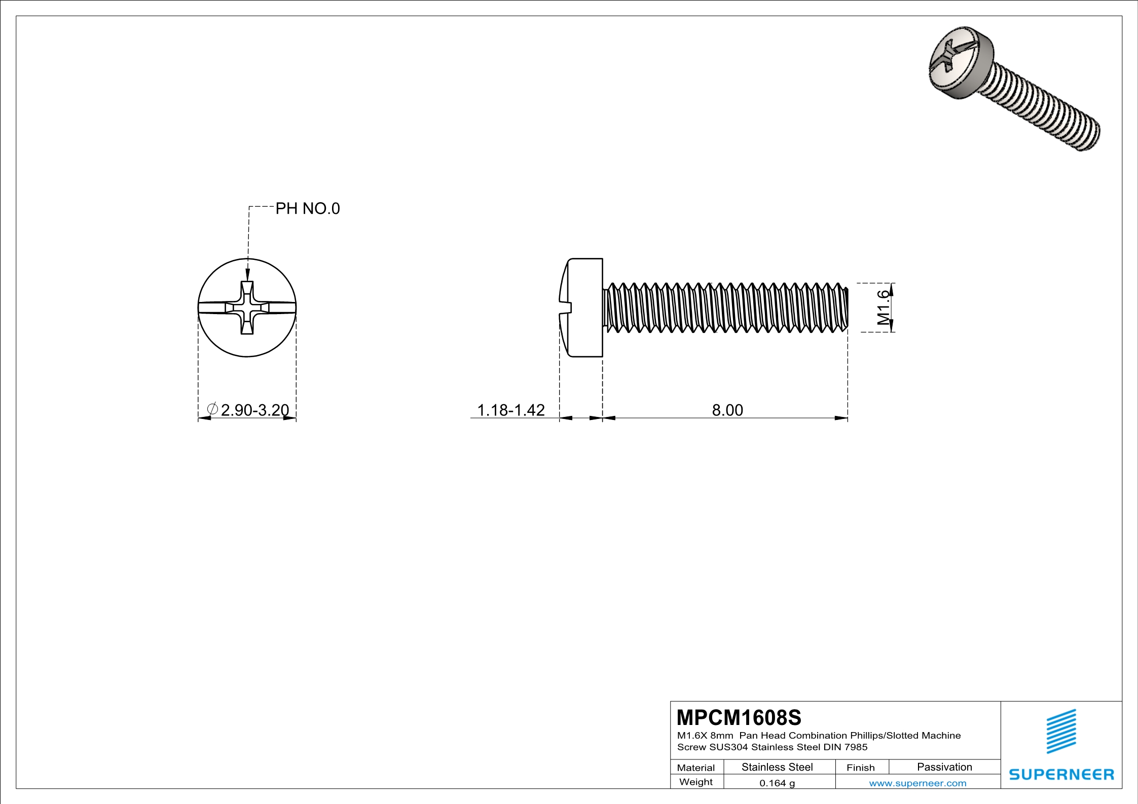 M1.6 x 8mm  Pan Head  Combination Phillips/Slotted  Machine Screw SUS304 Stainless Steel Inox DIN 7985