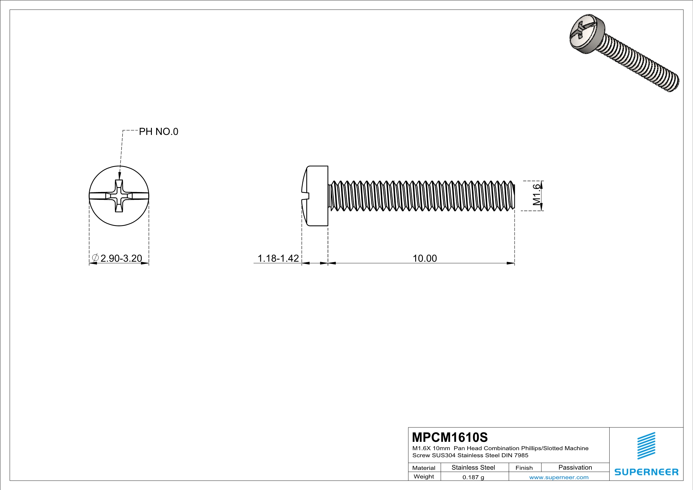 M1.6 x 10mm  Pan Head  Combination Phillips/Slotted  Machine Screw SUS304 Stainless Steel Inox DIN 7985