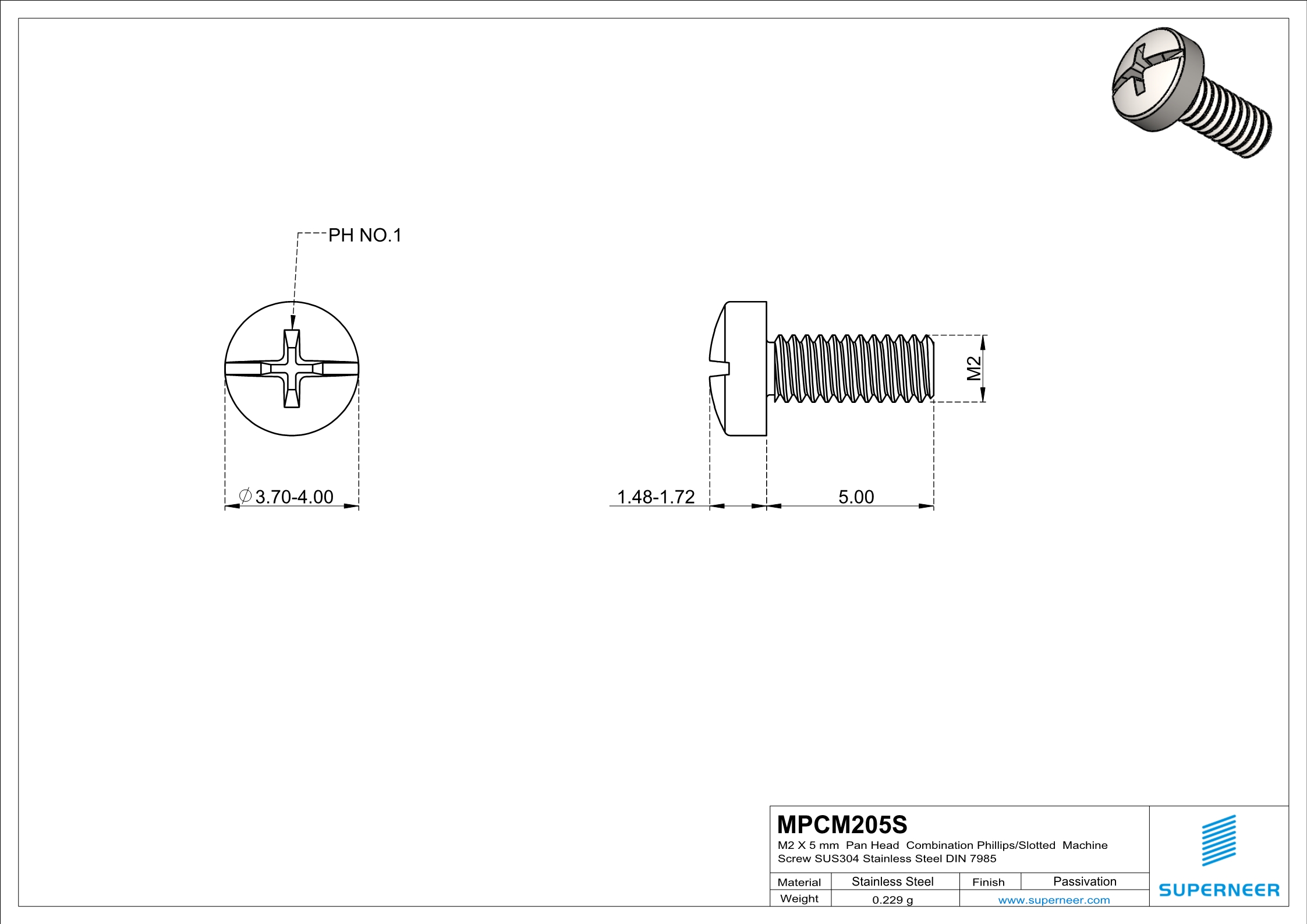 M2 x 5 mm  Pan Head  Combination Phillips/Slotted  Machine Screw SUS304 Stainless Steel Inox DIN 7985