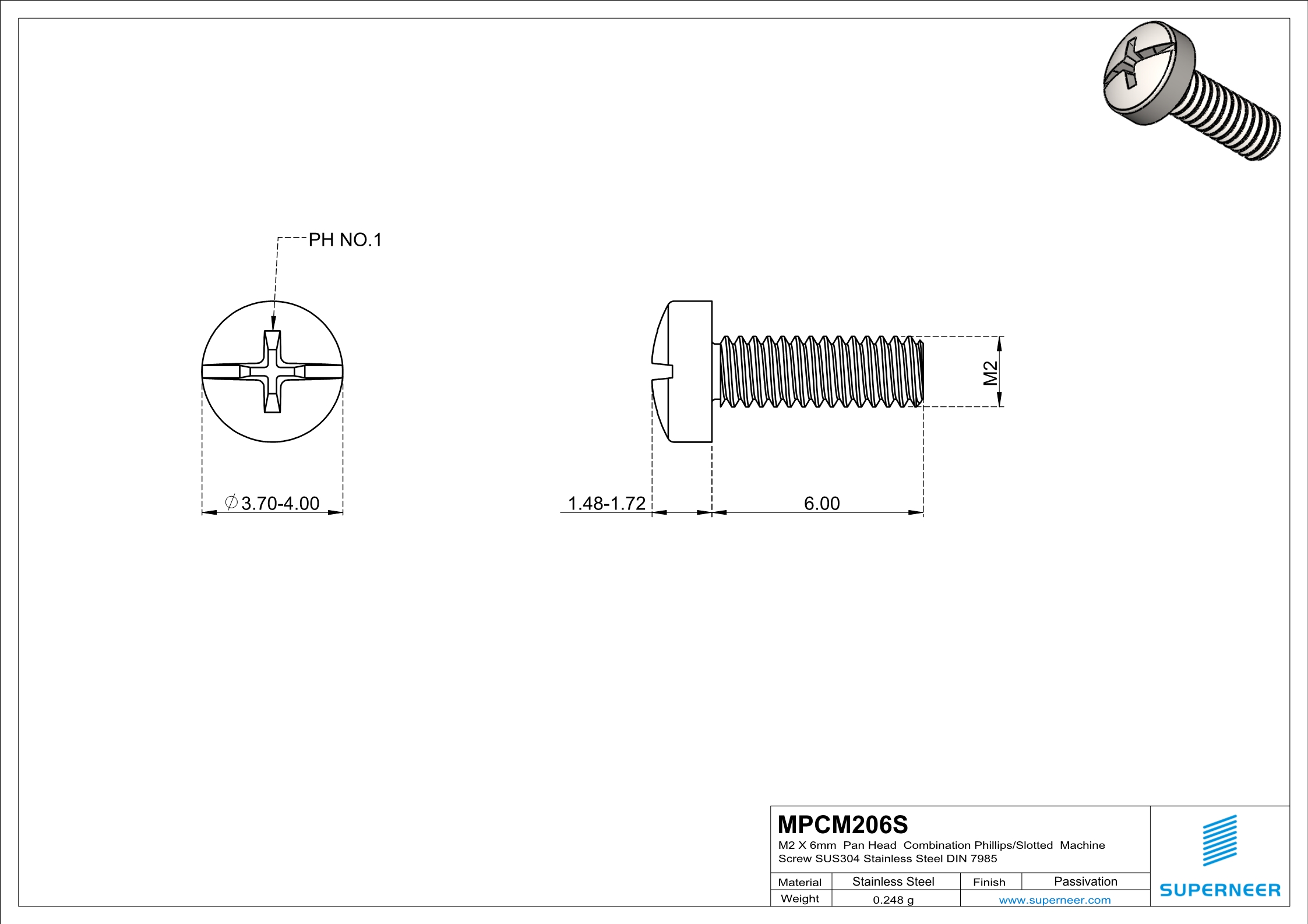 M2 x 6 mm  Pan Head  Combination Phillips/Slotted  Machine Screw SUS304 Stainless Steel Inox DIN 7985