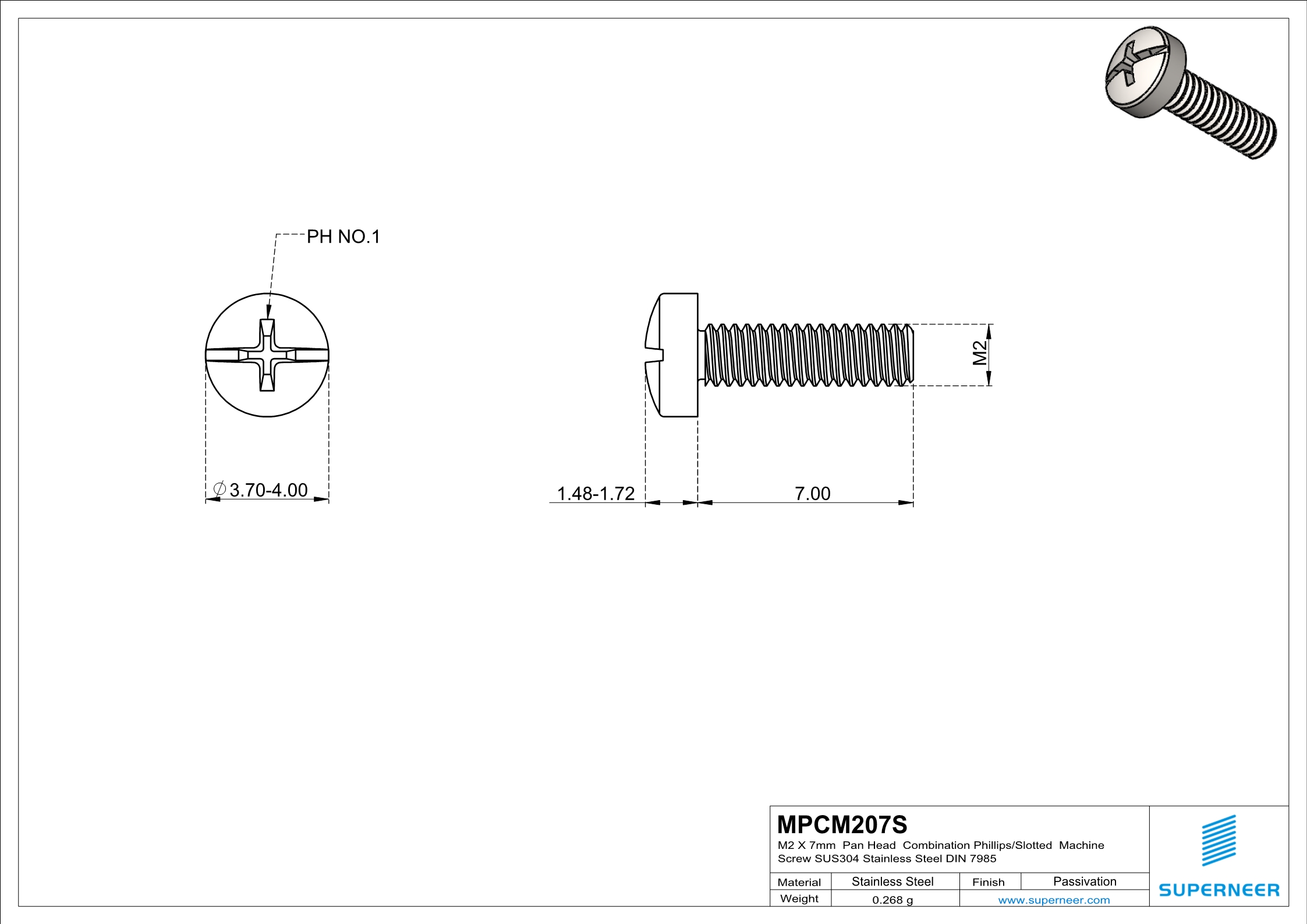 M2 x 7 mm  Pan Head  Combination Phillips/Slotted  Machine Screw SUS304 Stainless Steel Inox DIN 7985