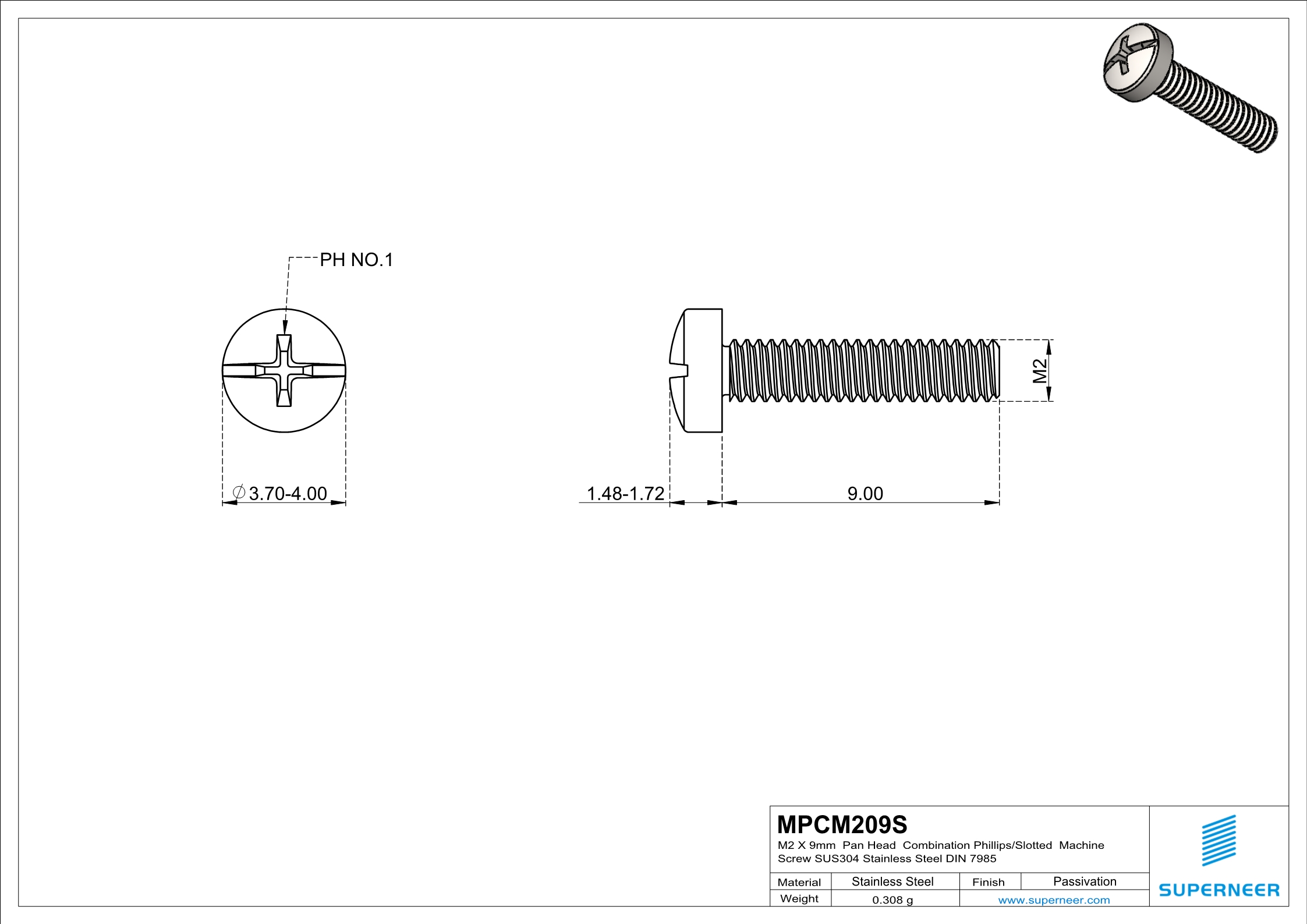 M2 x 9 mm  Pan Head  Combination Phillips/Slotted  Machine Screw SUS304 Stainless Steel Inox DIN 7985