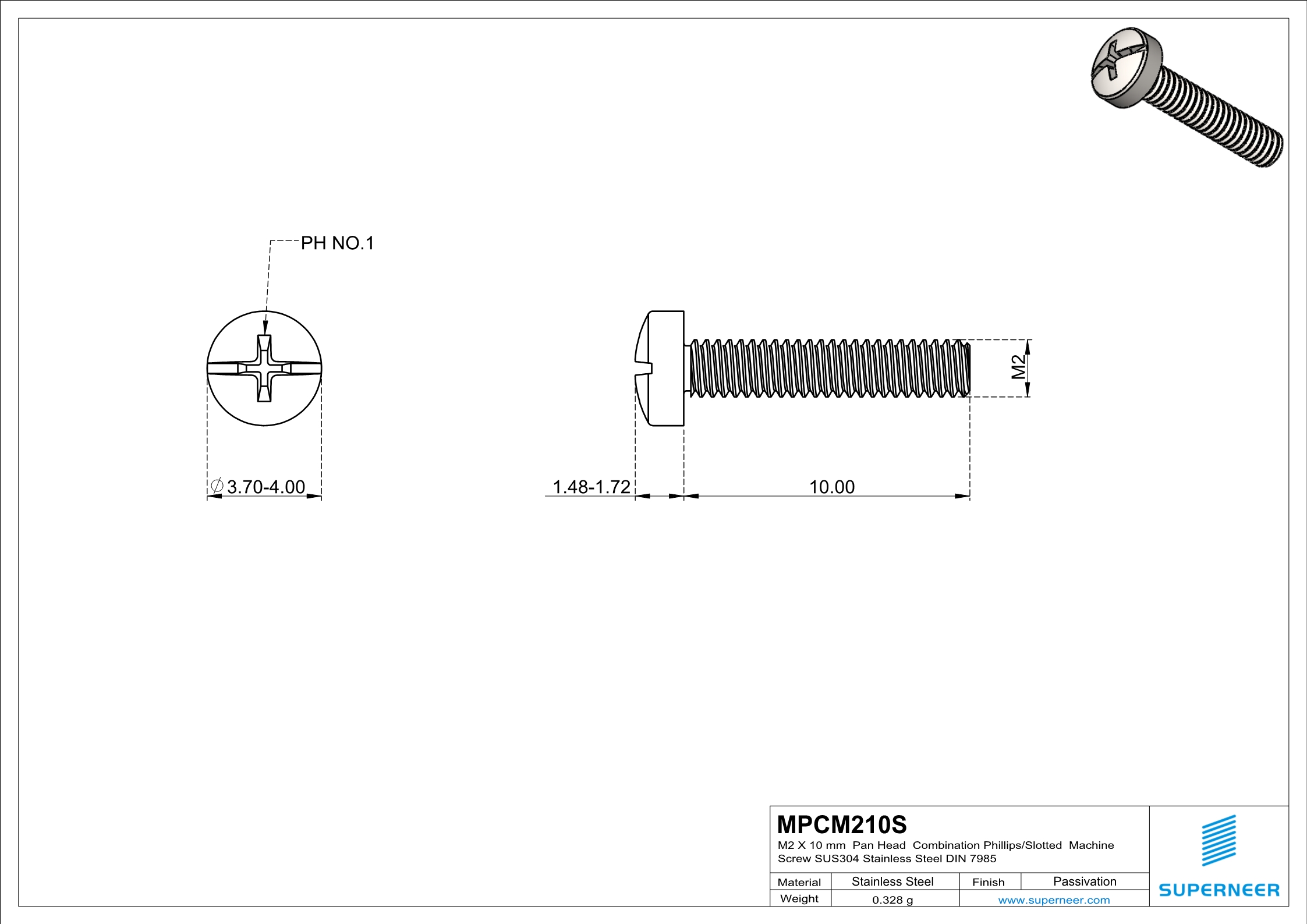 M2 x 10 mm  Pan Head  Combination Phillips/Slotted  Machine Screw SUS304 Stainless Steel Inox DIN 7985