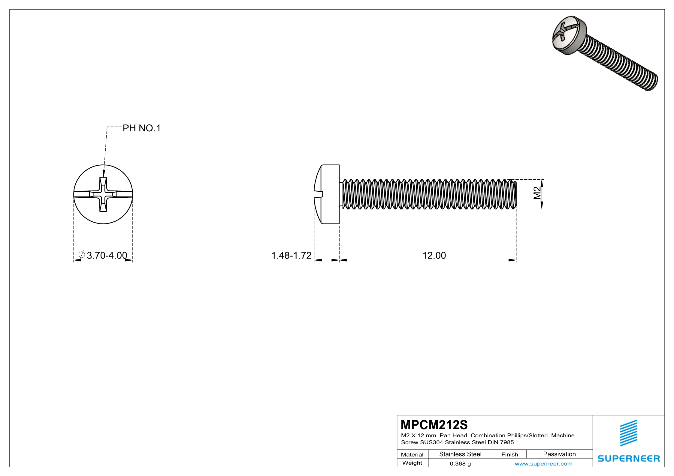 M2 x 12 mm  Pan Head  Combination Phillips/Slotted  Machine Screw SUS304 Stainless Steel Inox DIN 7985